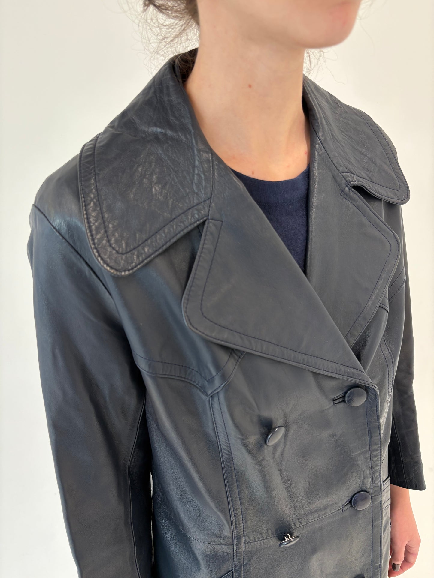 Trench vintage petite din piele naturală extrem de moale Navy blue