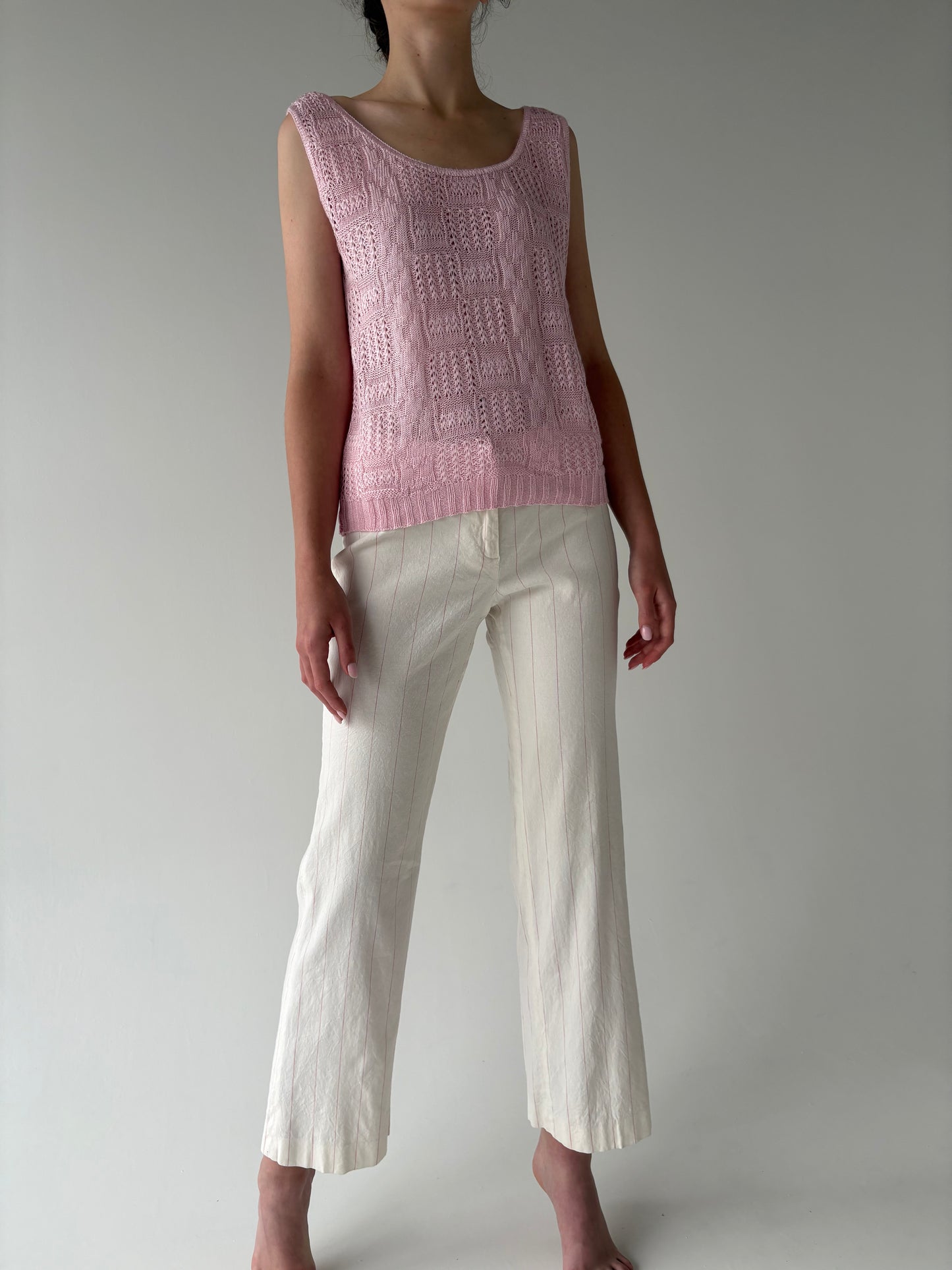 Pantaloni cu dungi fine verticale roz pudrat de brand luxury italian