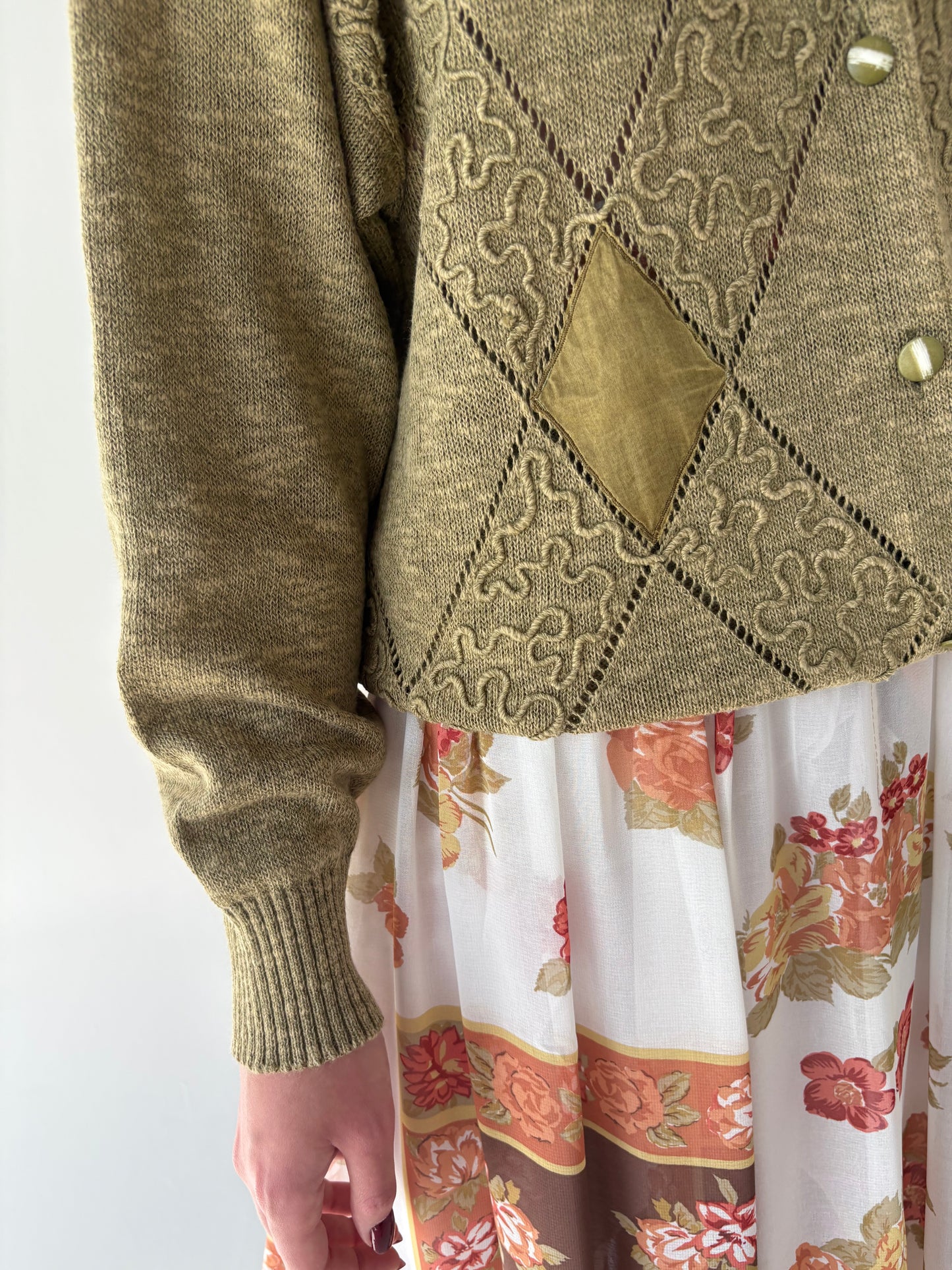Cardigan vintage seaweed green italian lucrat patchwork și 3D
