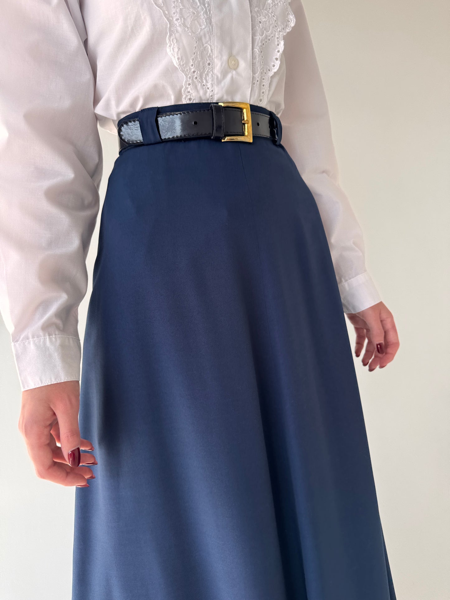 Fustă vintage midi spre maxi Navy cu centura inclusă în croi amplu