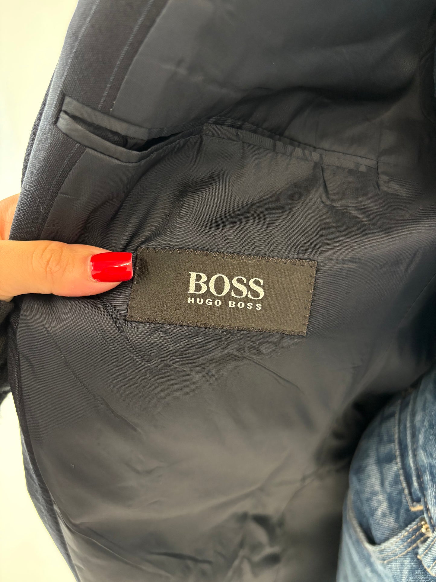 Sacou Hugo Boss din lana și mătase naturală Navy cu dungi fine verticale