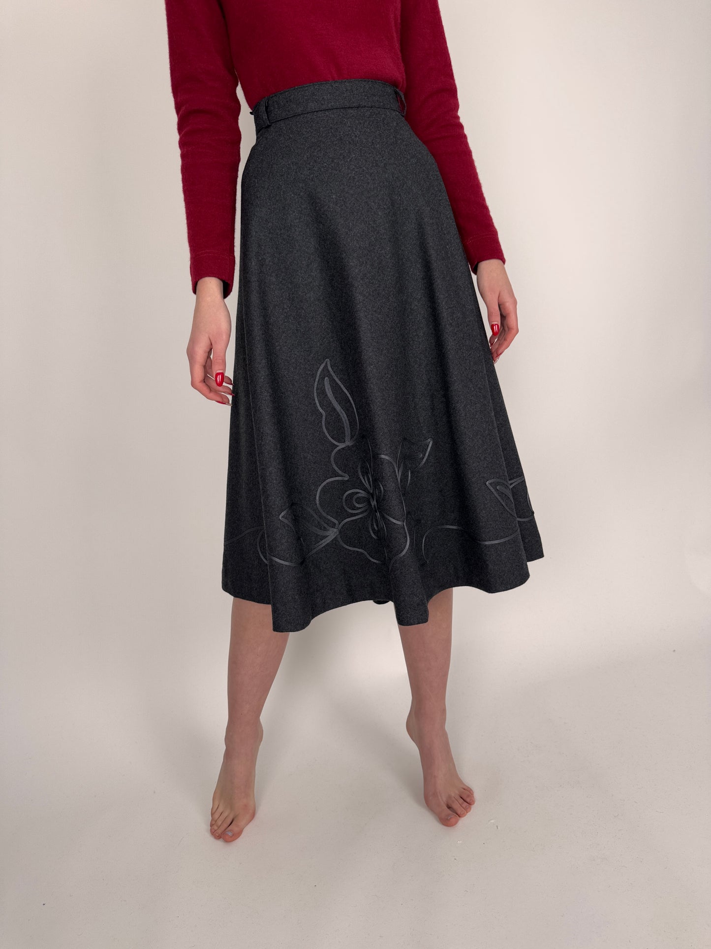 Fustă charcoal gray midi din lana pura super amplă cu talie înaltă marcată