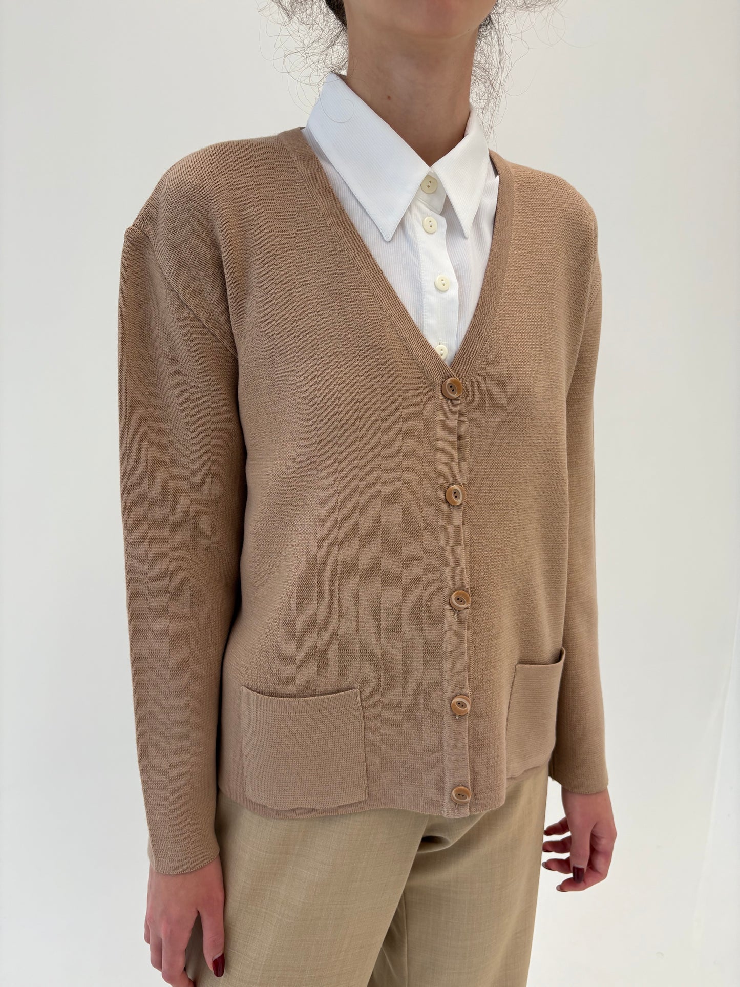 Cardigan vintage camel petite din lana merino extrafina de gramaj mare