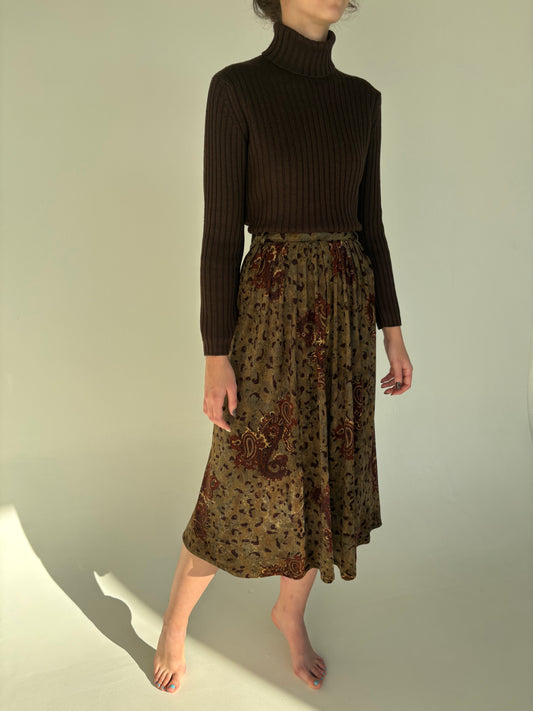 Fustă kaki vintage din catifea cu print paisley și talie ultra înaltă midi spre maxi