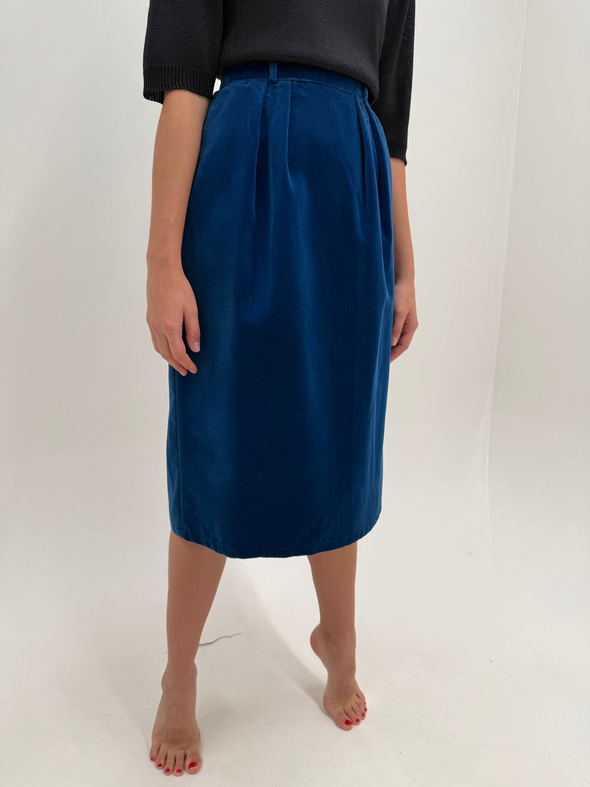 Fustă midi lung din catifea cobalt blue cu pense și buzunare din bumbac și modal