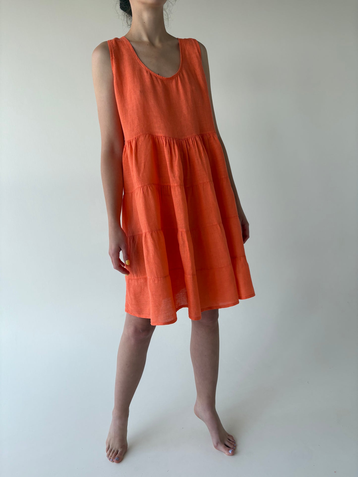Rochie coral orange italiană din in cu spate decupat reglabil