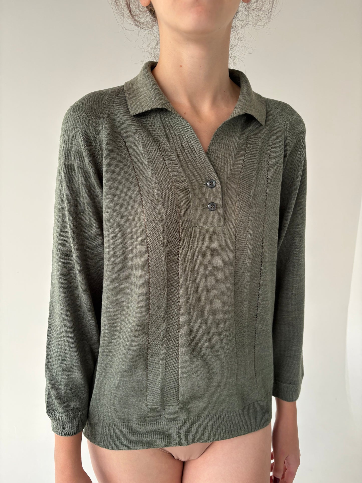 Pulover vintage polo petite verde Sage din lana extrafina