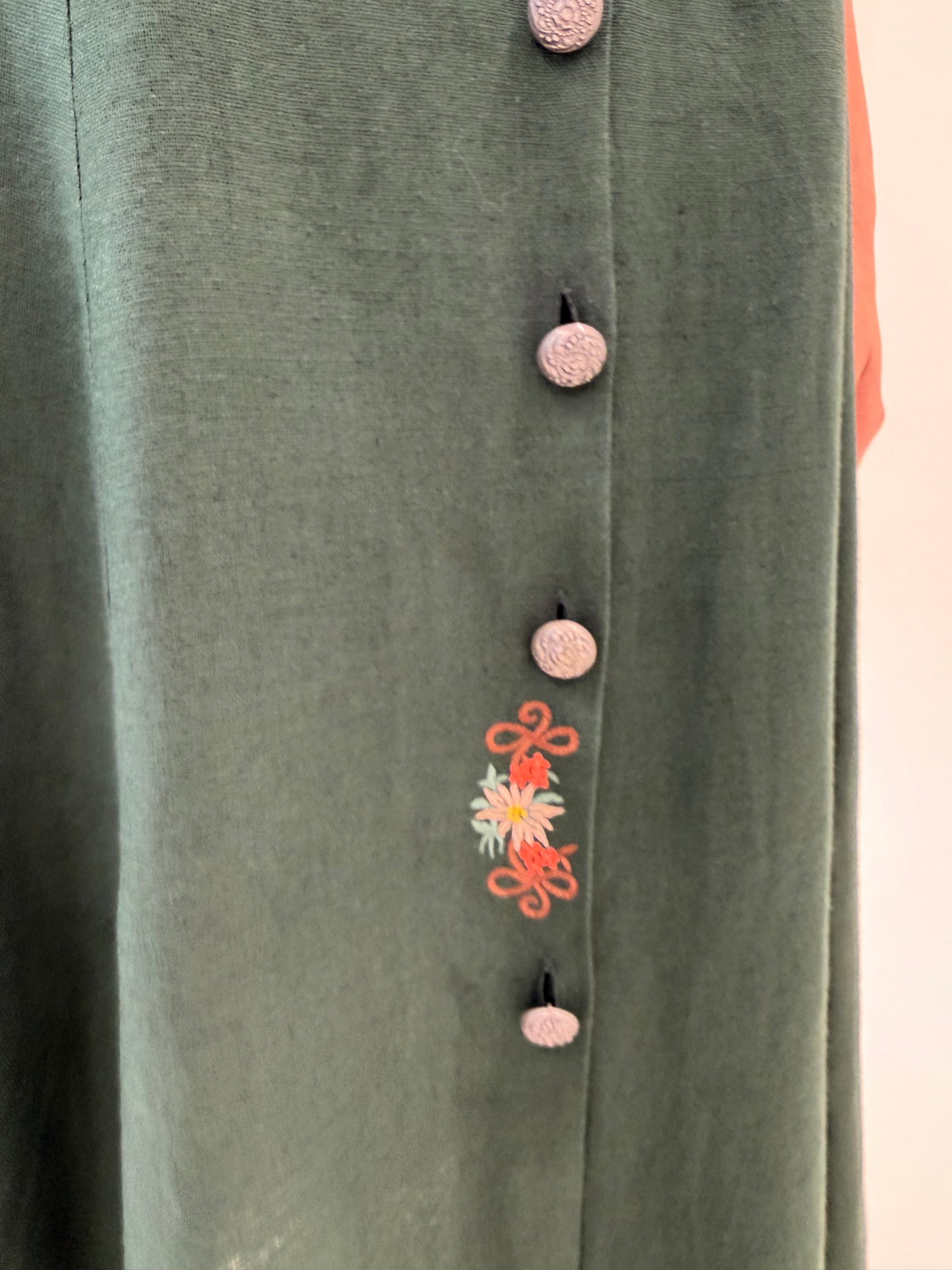 Fustă maxi dark green din in excepțional cu broderie și buzunare