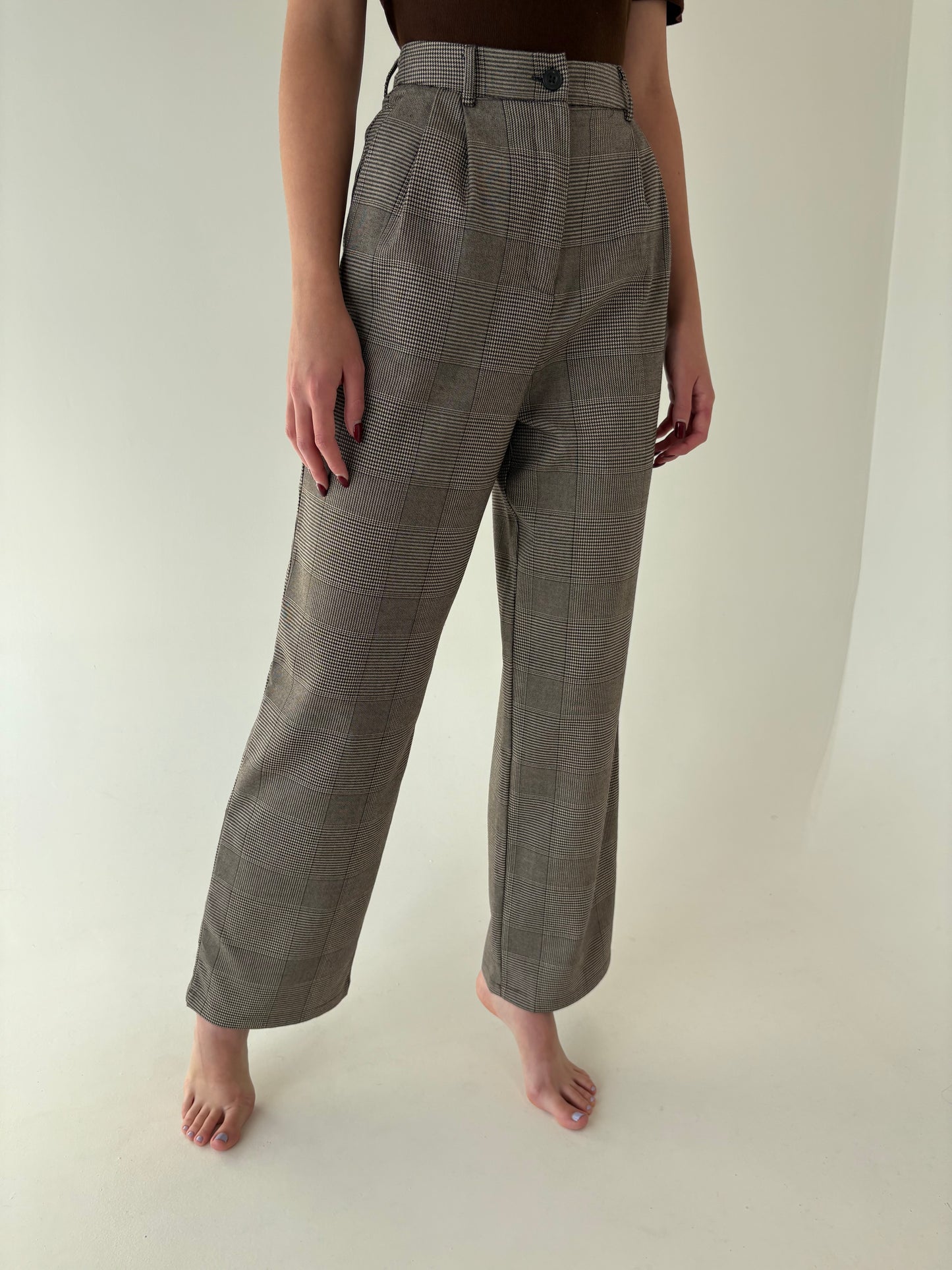 Pantaloni palazzo din stofita în carouri fine și culori neutre cu talie ultra înaltă