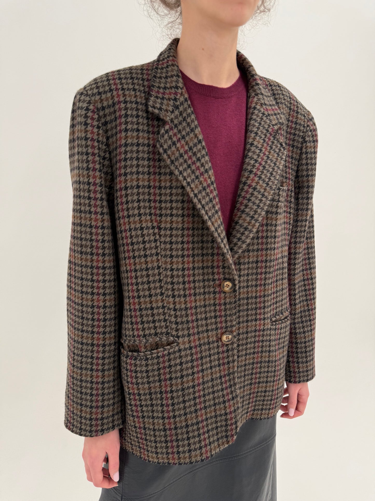 Sacou vintage din tweed de lana camel pied de coq negru și burgundy