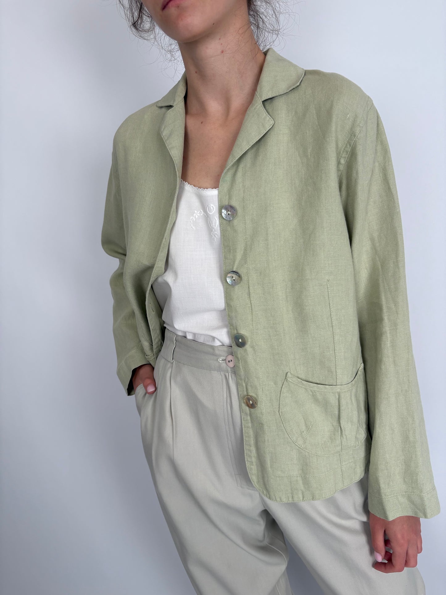 Sacou light Sage green din in ușor structurat în croi lejer