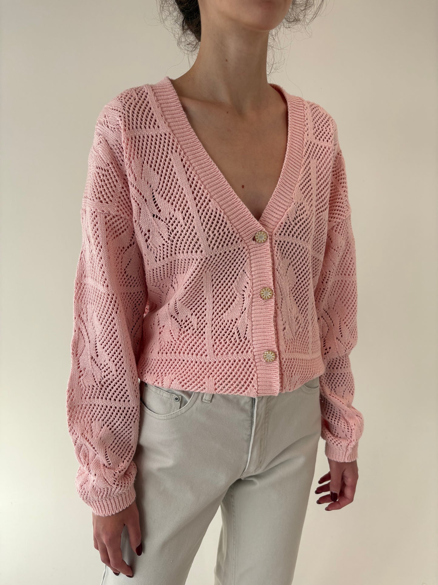 Cardigan vintage din macrame gros de bumbac powder pink
