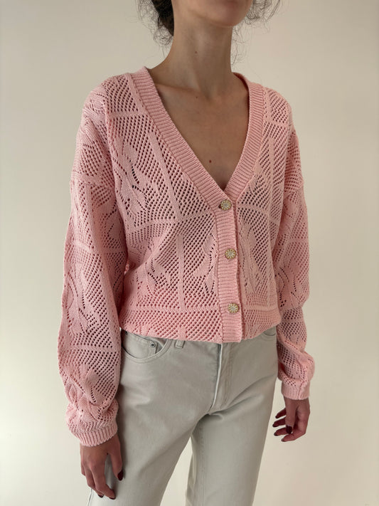 Cardigan vintage din macrame gros de bumbac powder pink