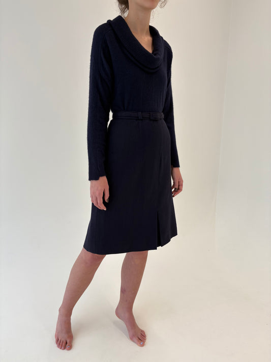 Fustă Navy în croi ușor A-line din lana extrafina cu curea proprie