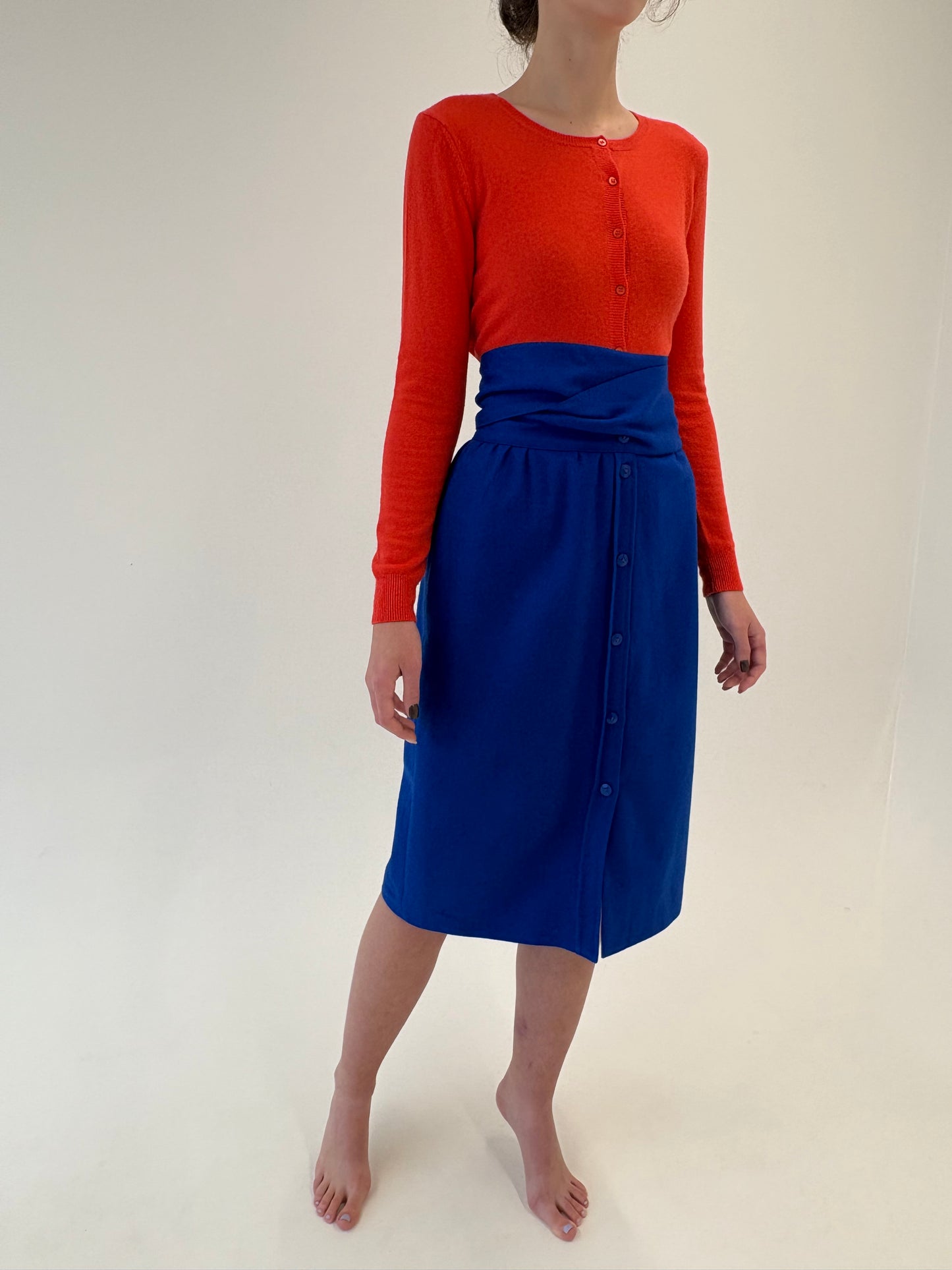 Fustă albastru regal spectaculoasă cu talie ultra înaltă în croi elaborat