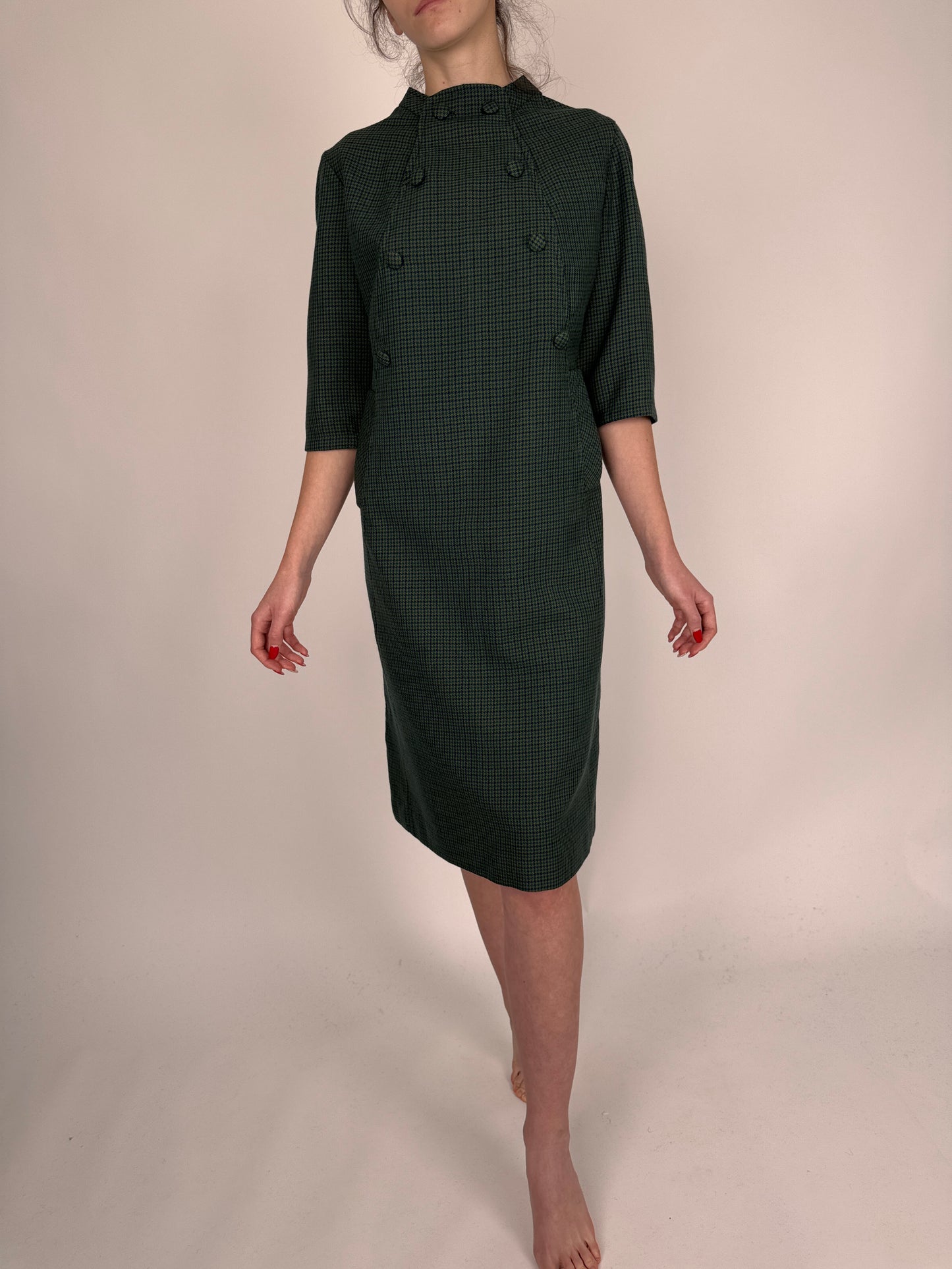 Rochie vintage dark green în carouri din stofă de lana extrafina