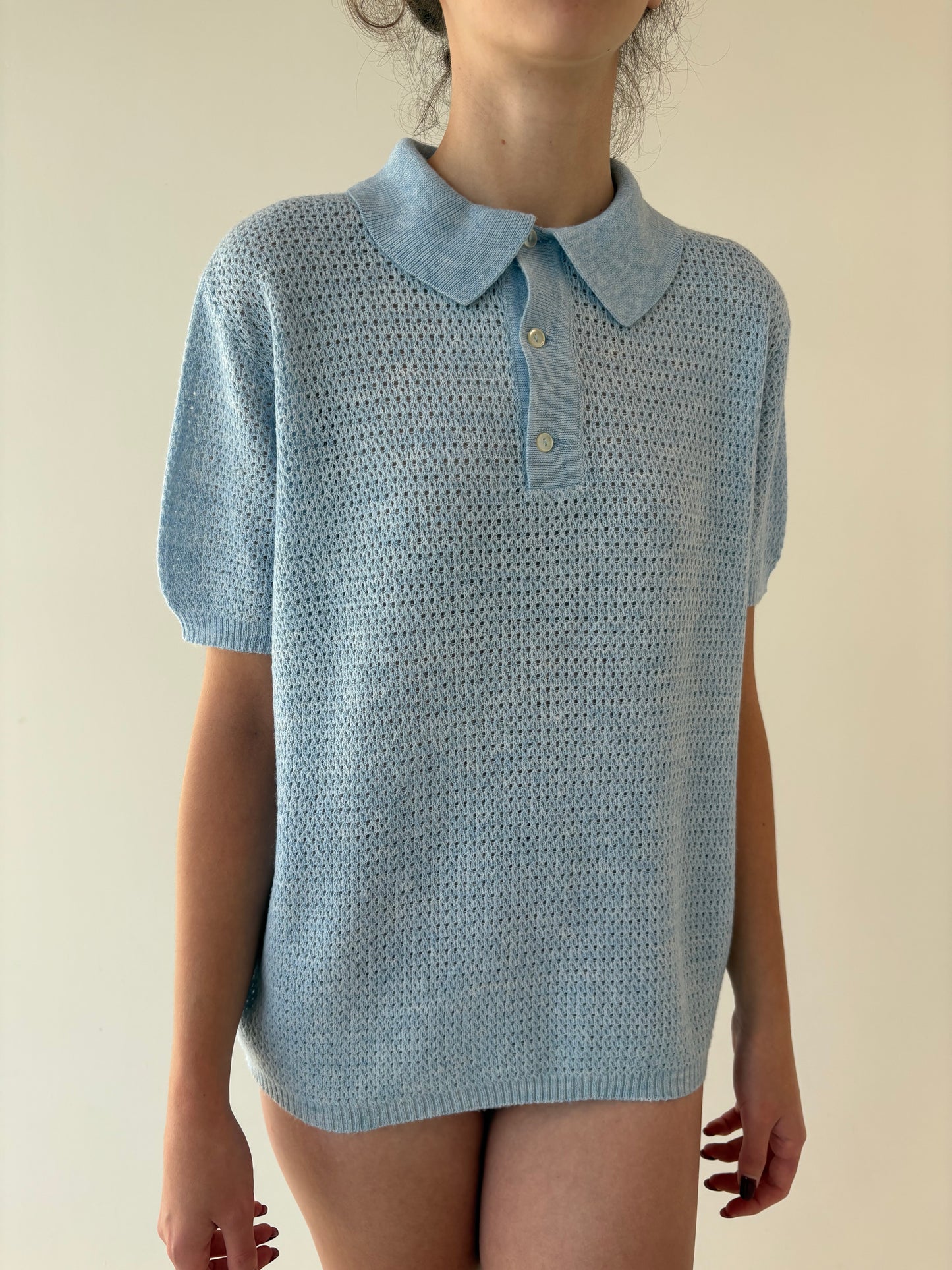 Top polo baby blue din mix de lana extrafina
