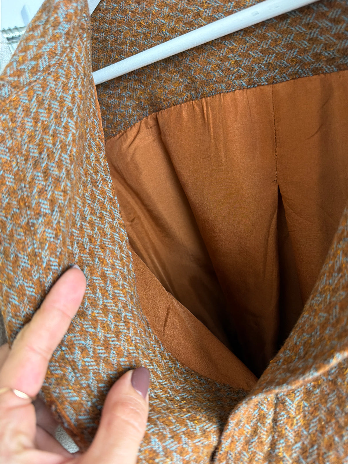 Jacheta vintage din tweed excepțional baby blue și caramel și interior din mătase naturală