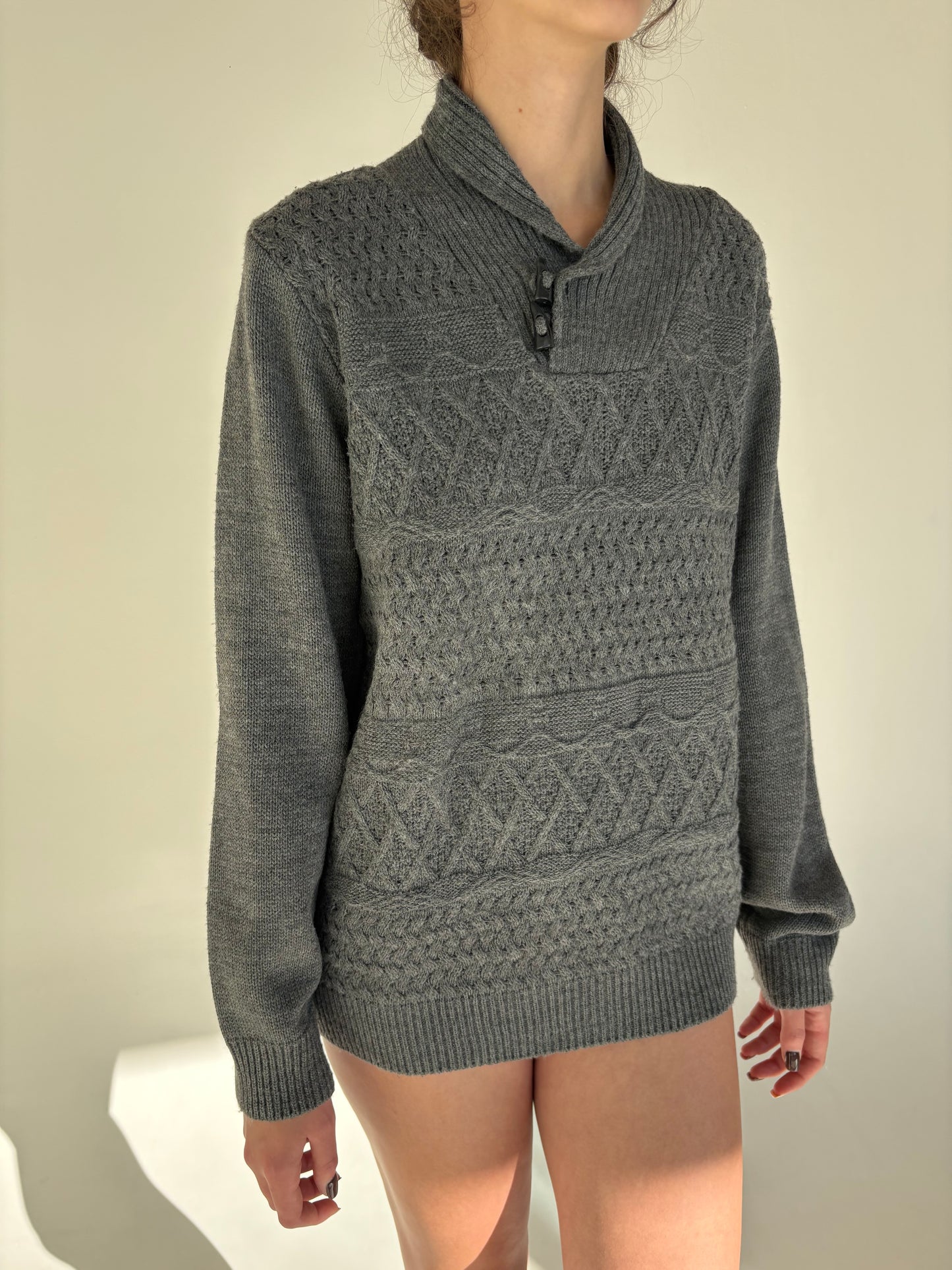 Pulover polo shawl collar din lana plină extafina texturată