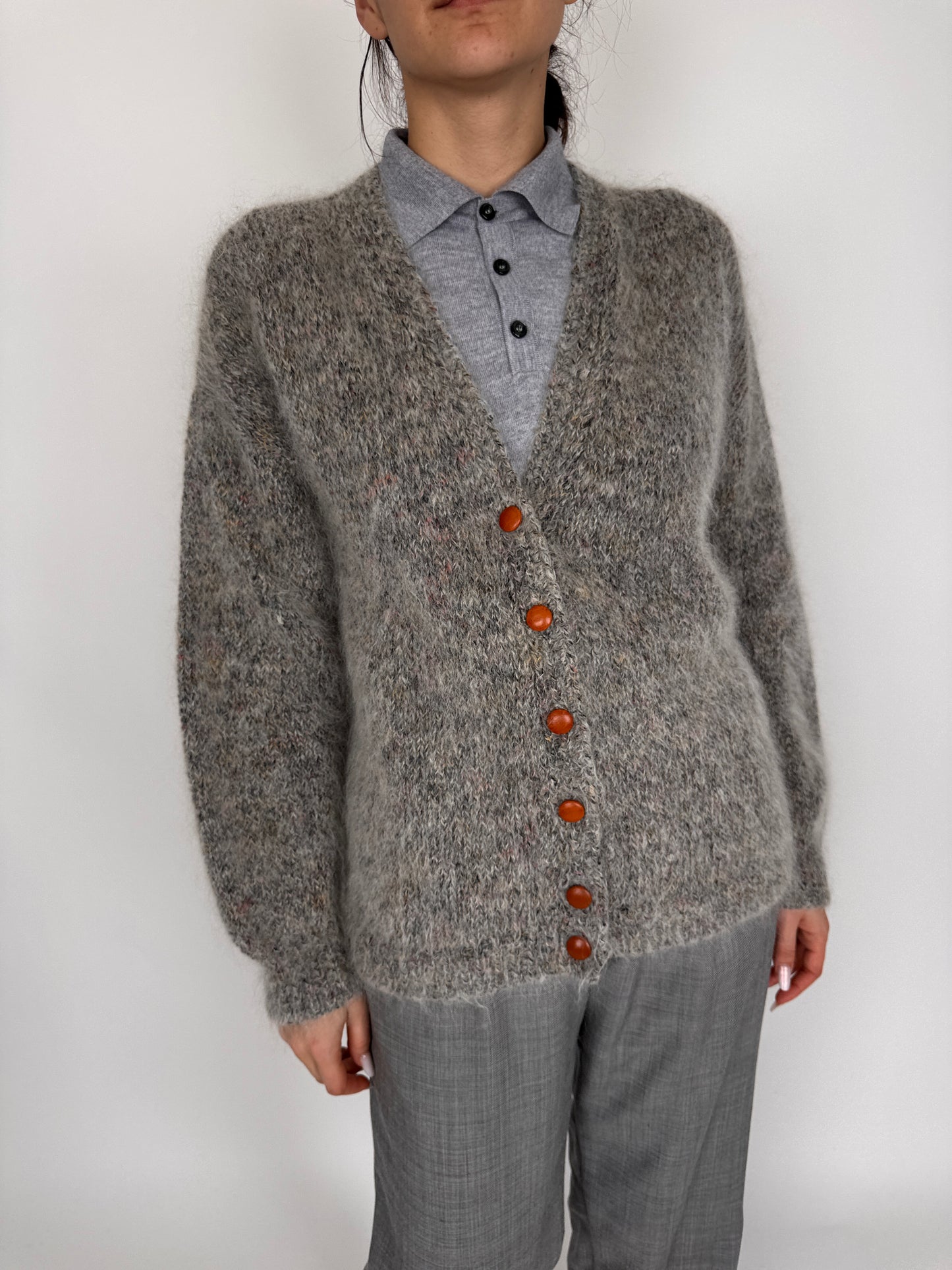 Cardigan vintage excepțional din mohair cu nasturi din piele naturală