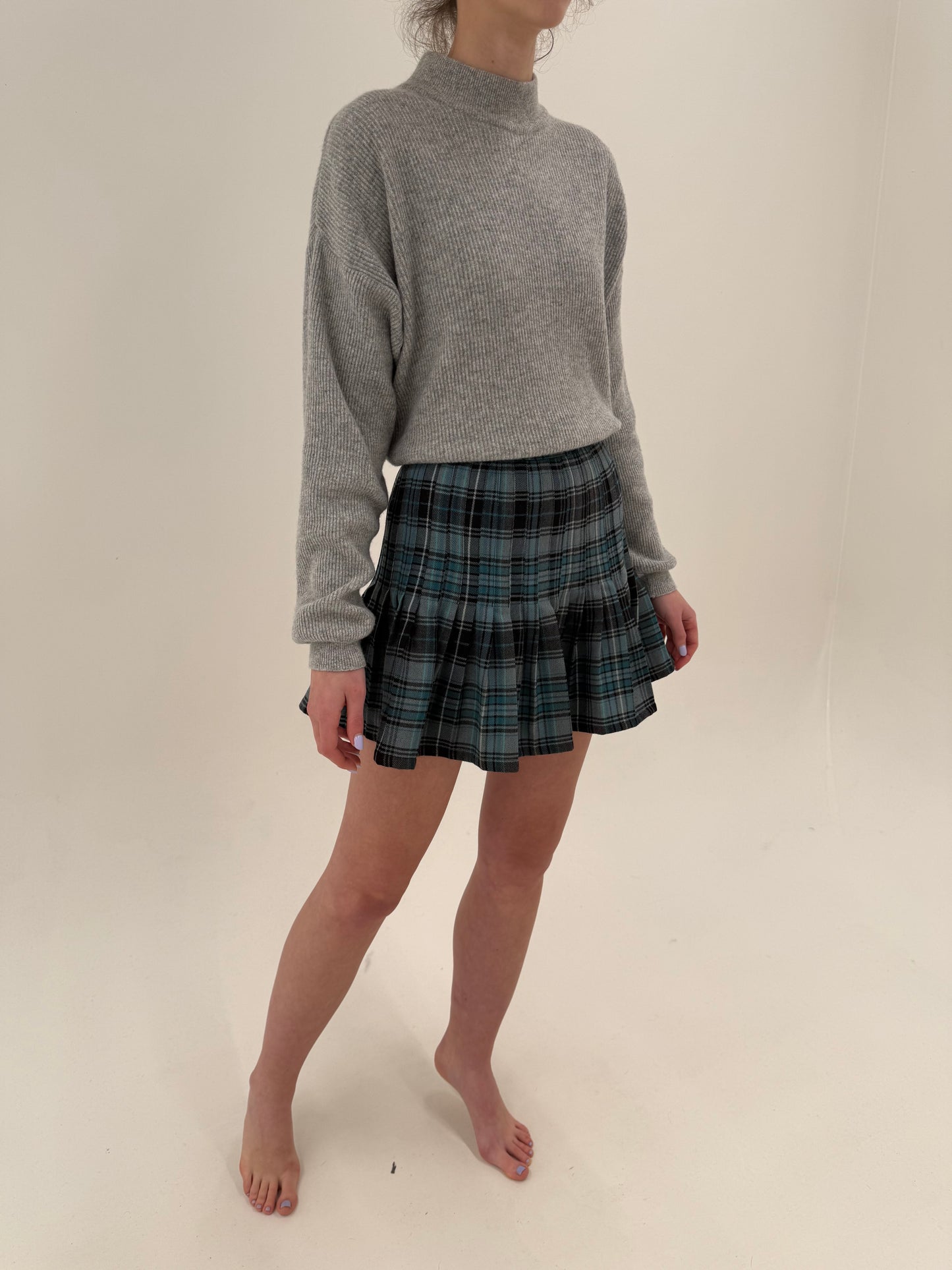 Fustă mini plisată cu talie ultra înaltă din lana extrafina în carouri