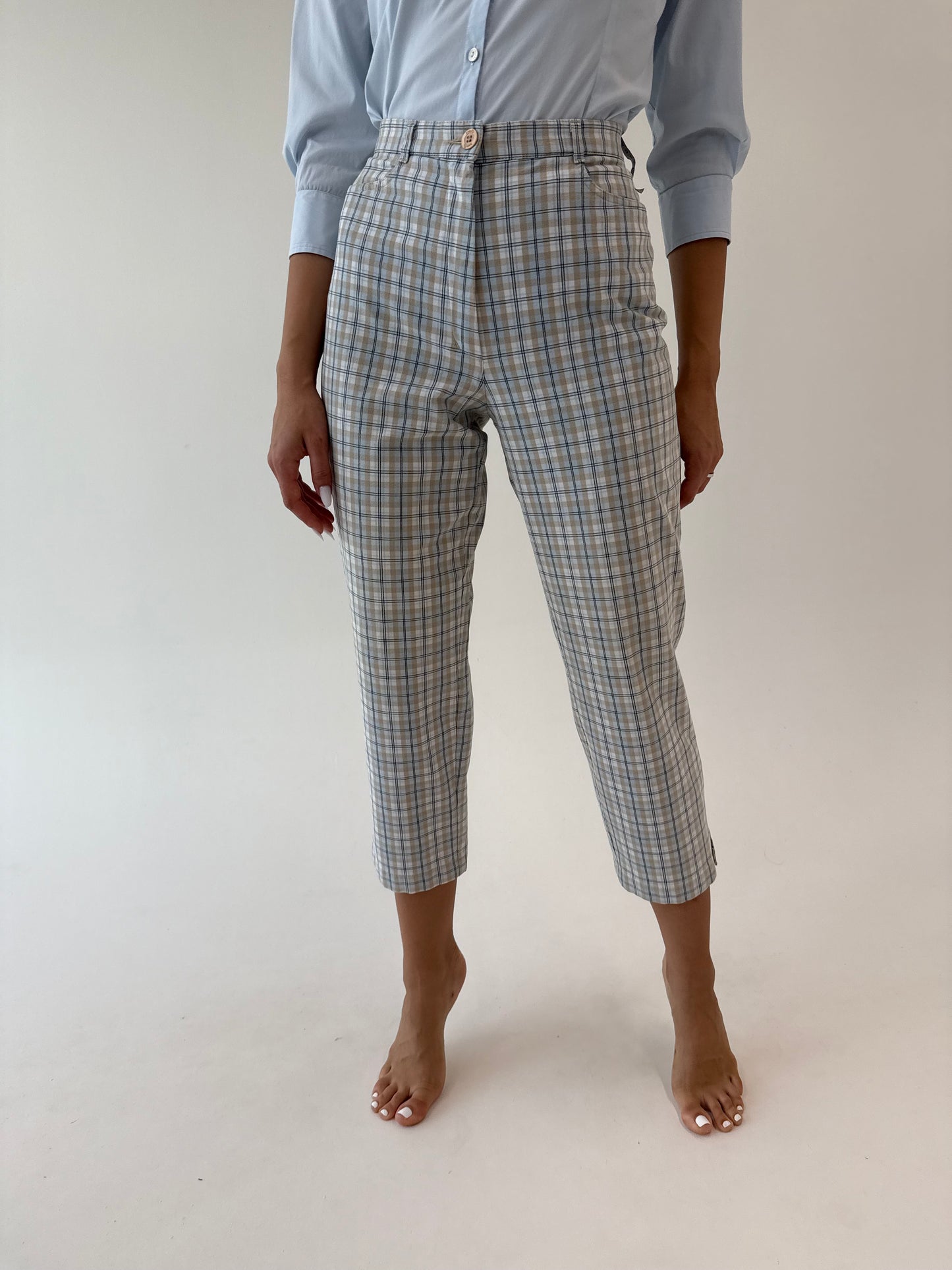 Jeans vintage petite în carouri baby blue ultra confort modelatori