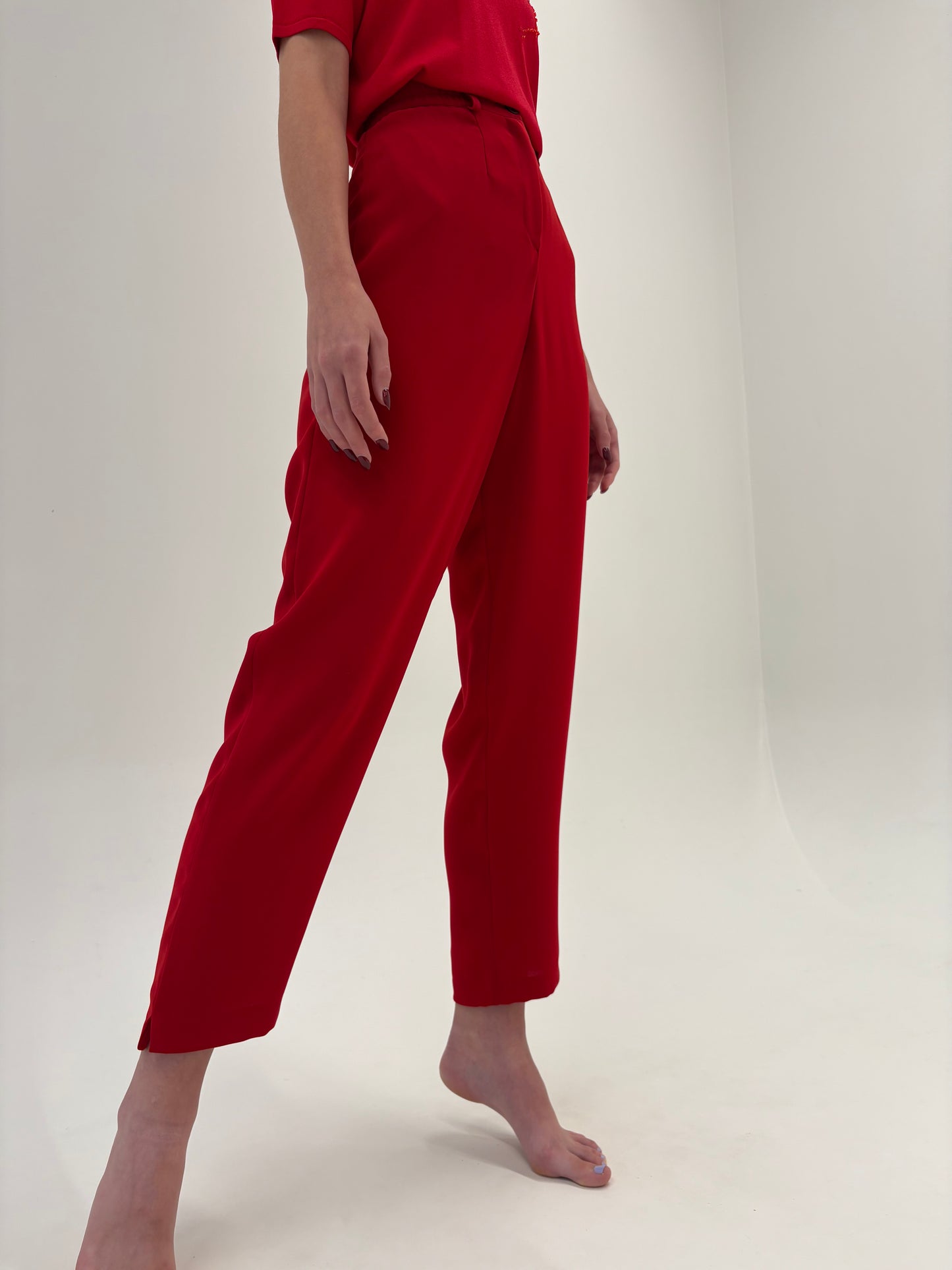 Pantaloni cherry red cu talie ultra înaltă marcată elastică tall