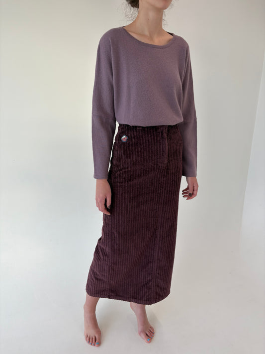Fustă vintage maxi aubergine din corduroy cu talie ultra înaltă