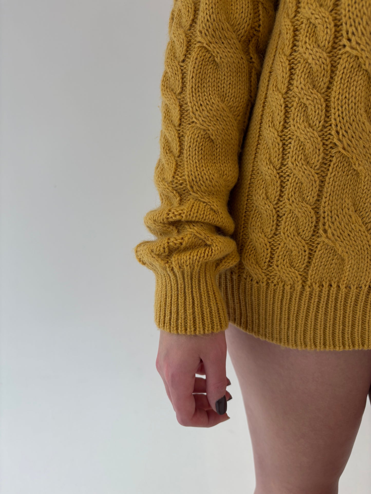 Pulover italian mustard yellow gros cu torsade din lana extrafina