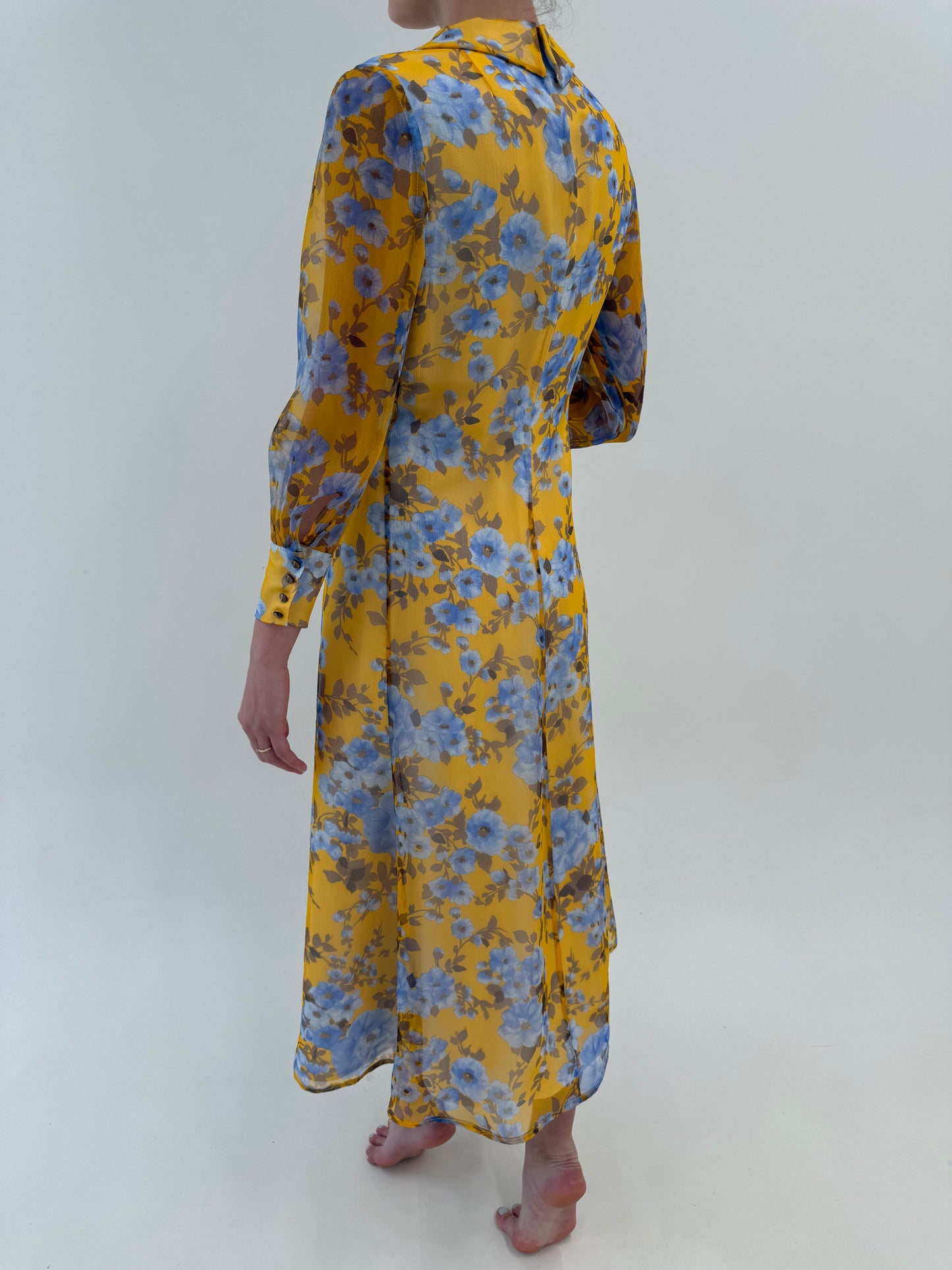 Rochie maxi vintage din chiffon de mătase naturală cu print superb floral baby blue