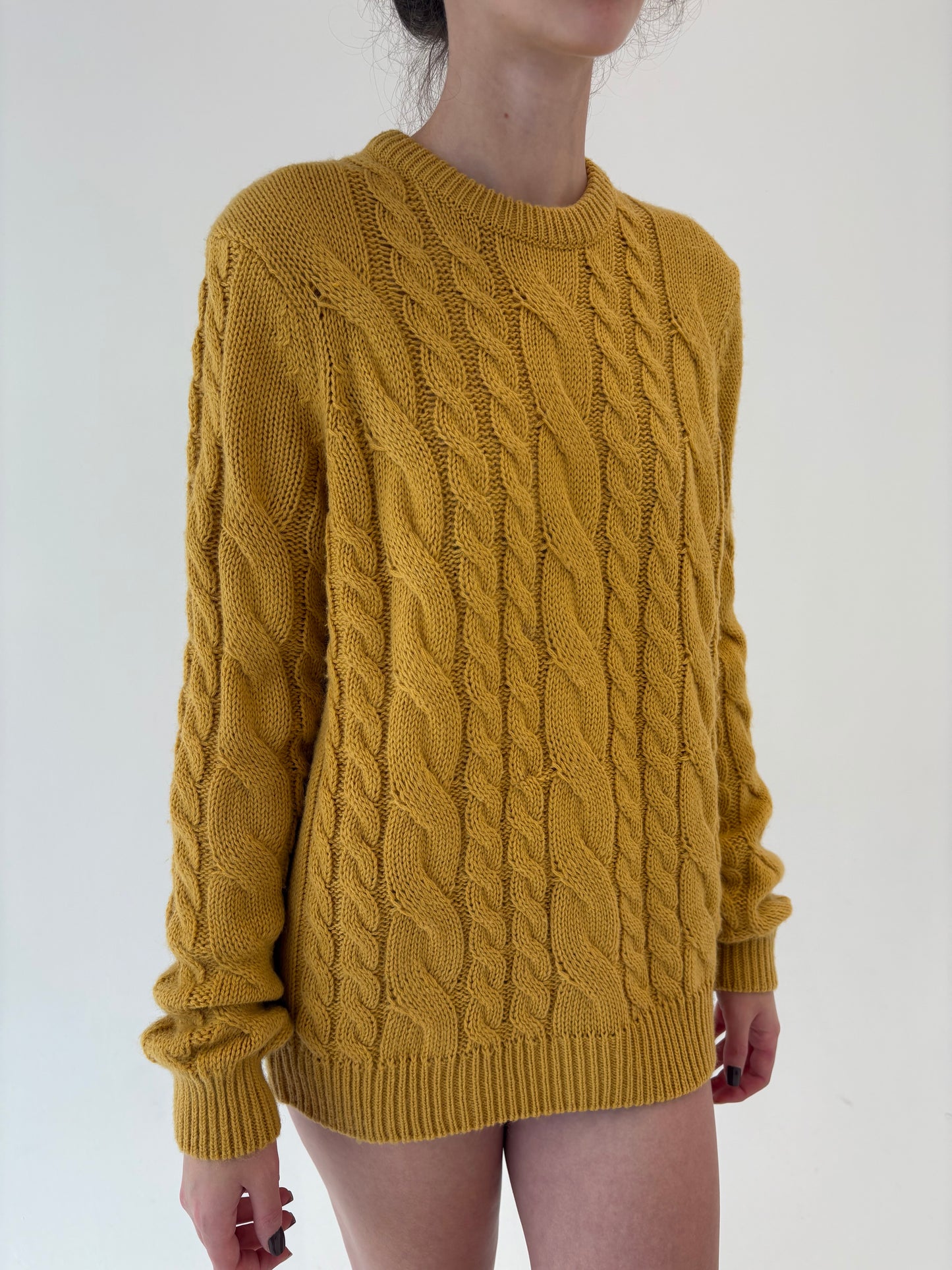 Pulover italian mustard yellow gros cu torsade din lana extrafina