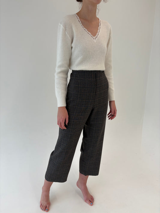 Pantaloni din lana extrafina confort cu talie ultra înaltă și carouri camel