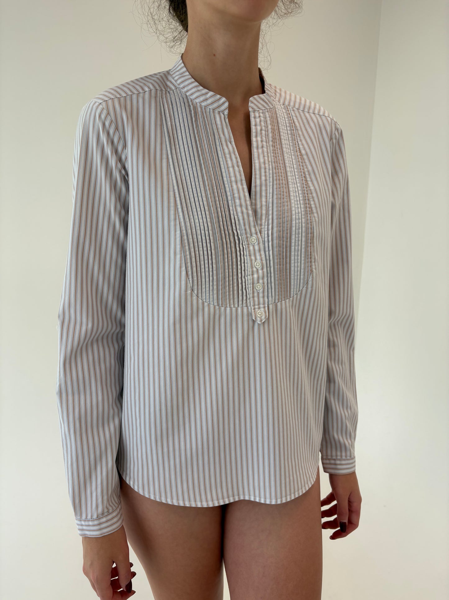 Cămașa din poplin premium de bumbac cu dungi fine baby blue și cafe au lait