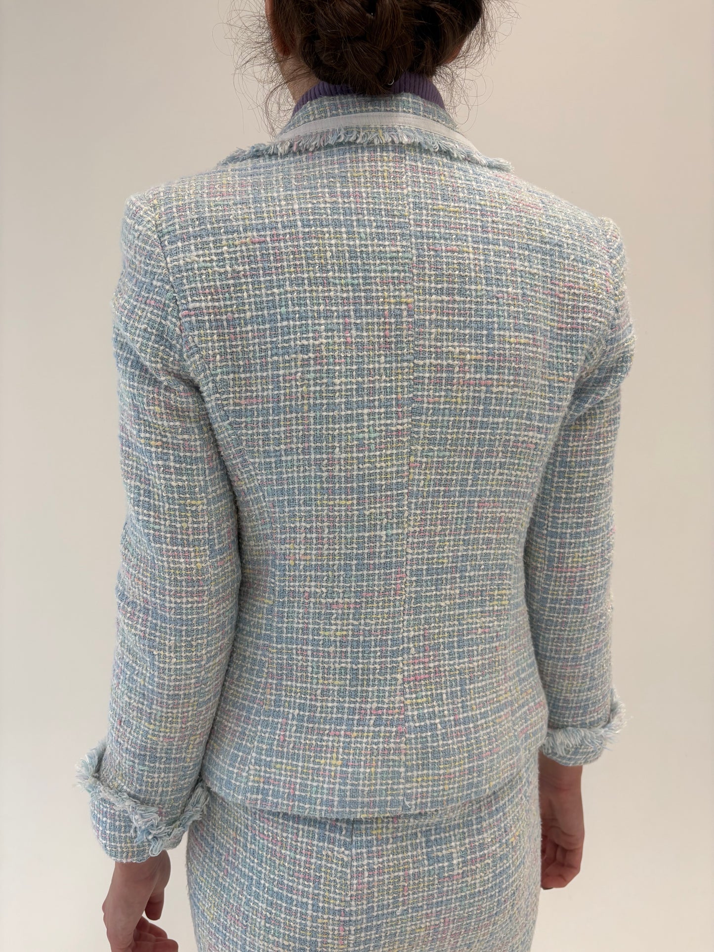 Deux piece baby blue în stil Chanel din tweed