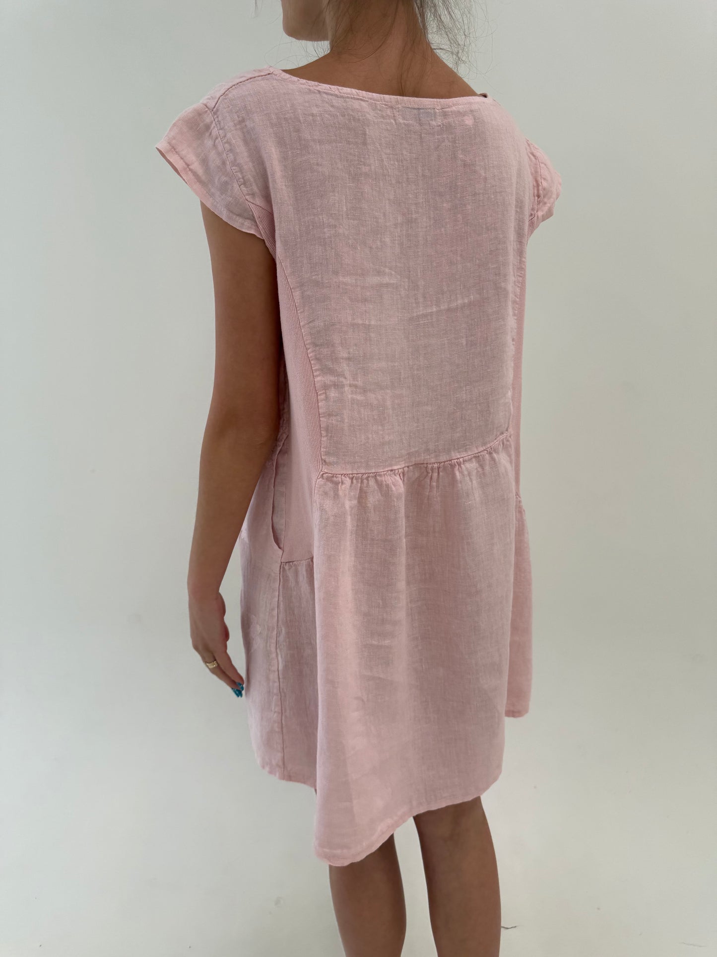 Rochie ultra confort italiană roz pudrat din in premium cu buzunare