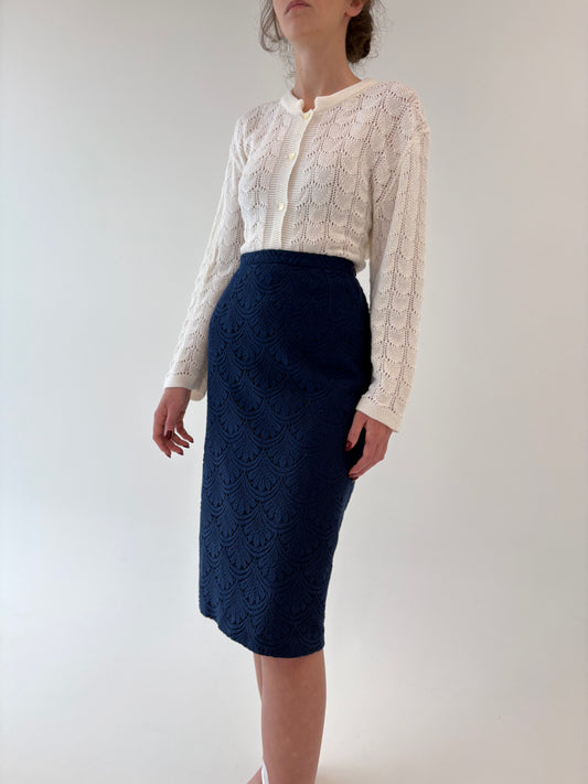 Fustă vintage superbă albastru cerneală din dantelă groasă din mix de lana