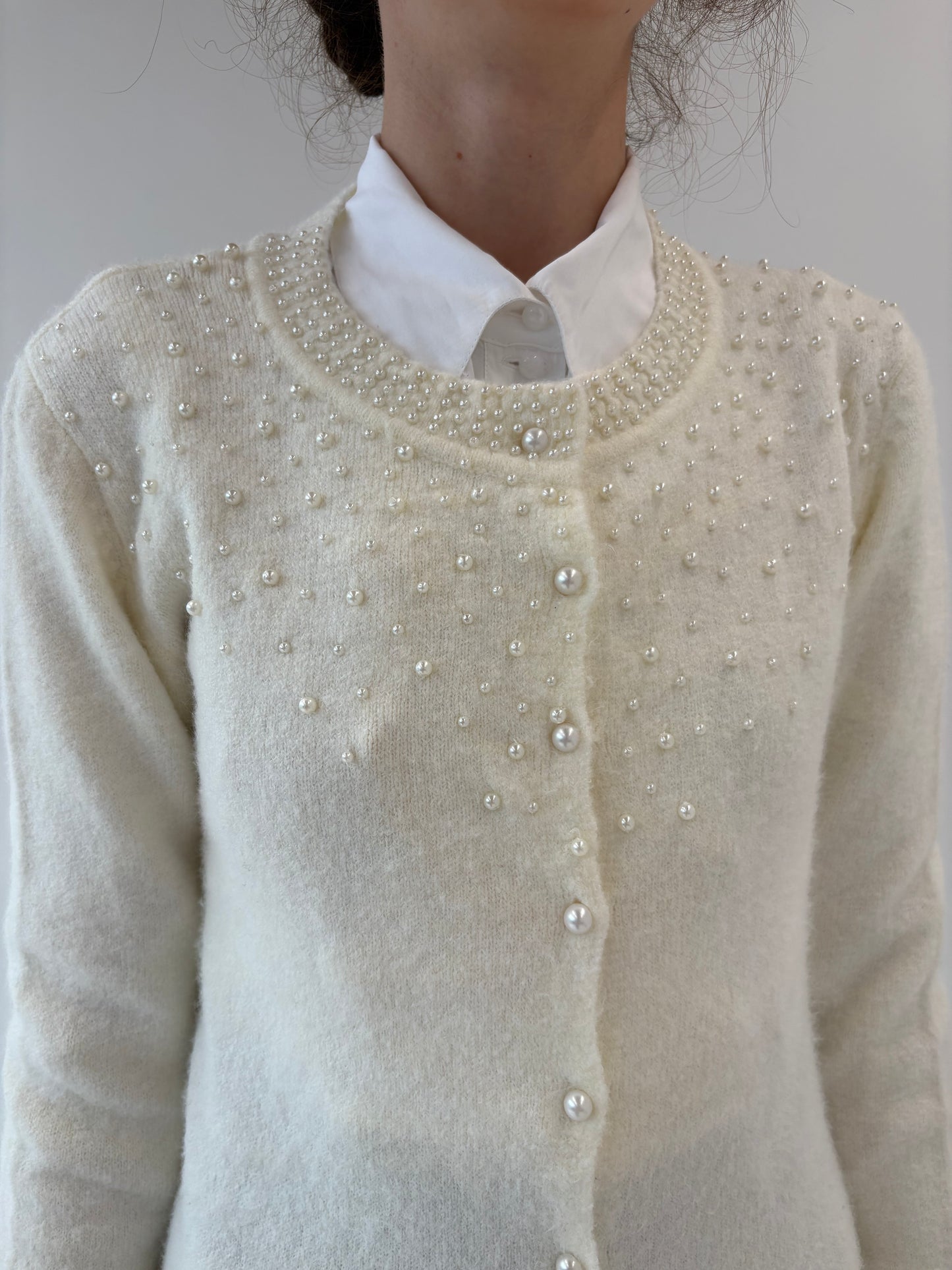 Cardigan italian din mix de baby mohair cu aplicații din perlute