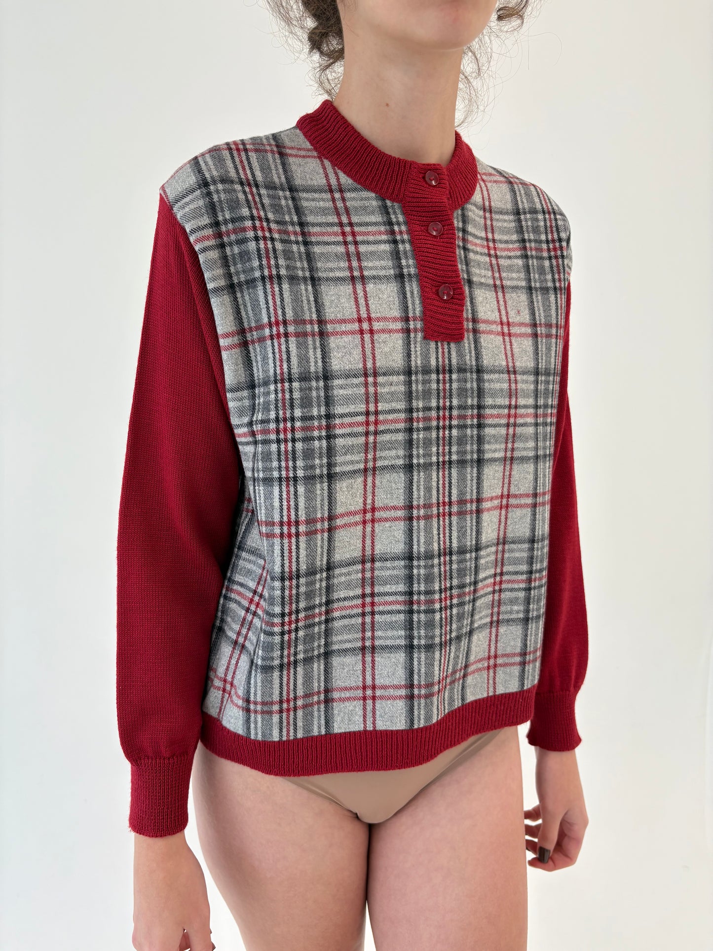 Bluză vintage din tricot și stofă de lana extrafina burgundy și gri