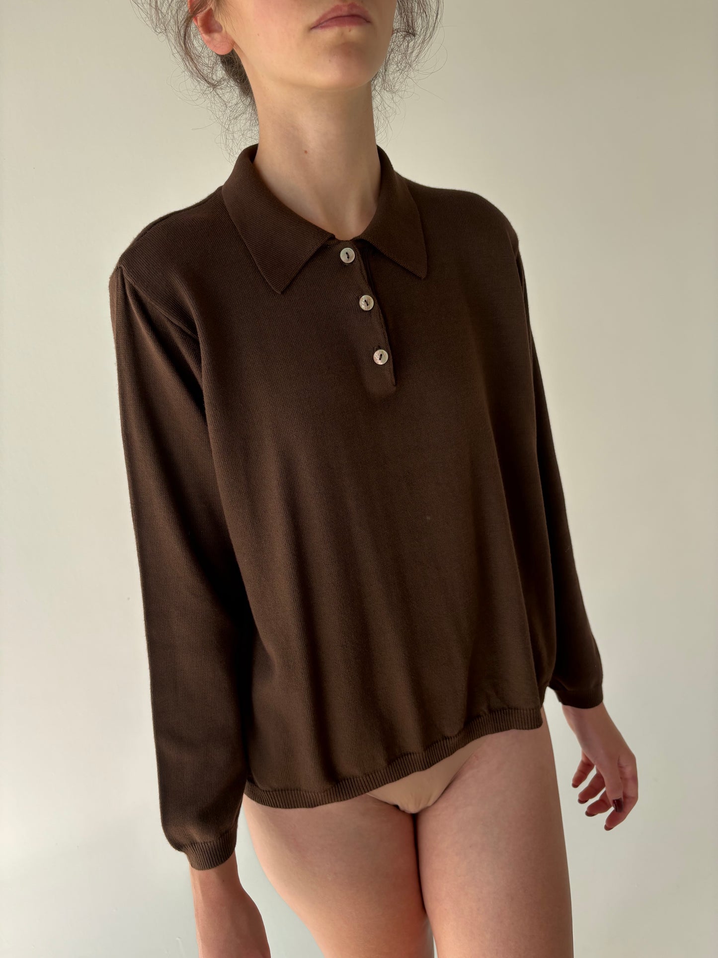 Bluză chocolate brown polo petite din jerse