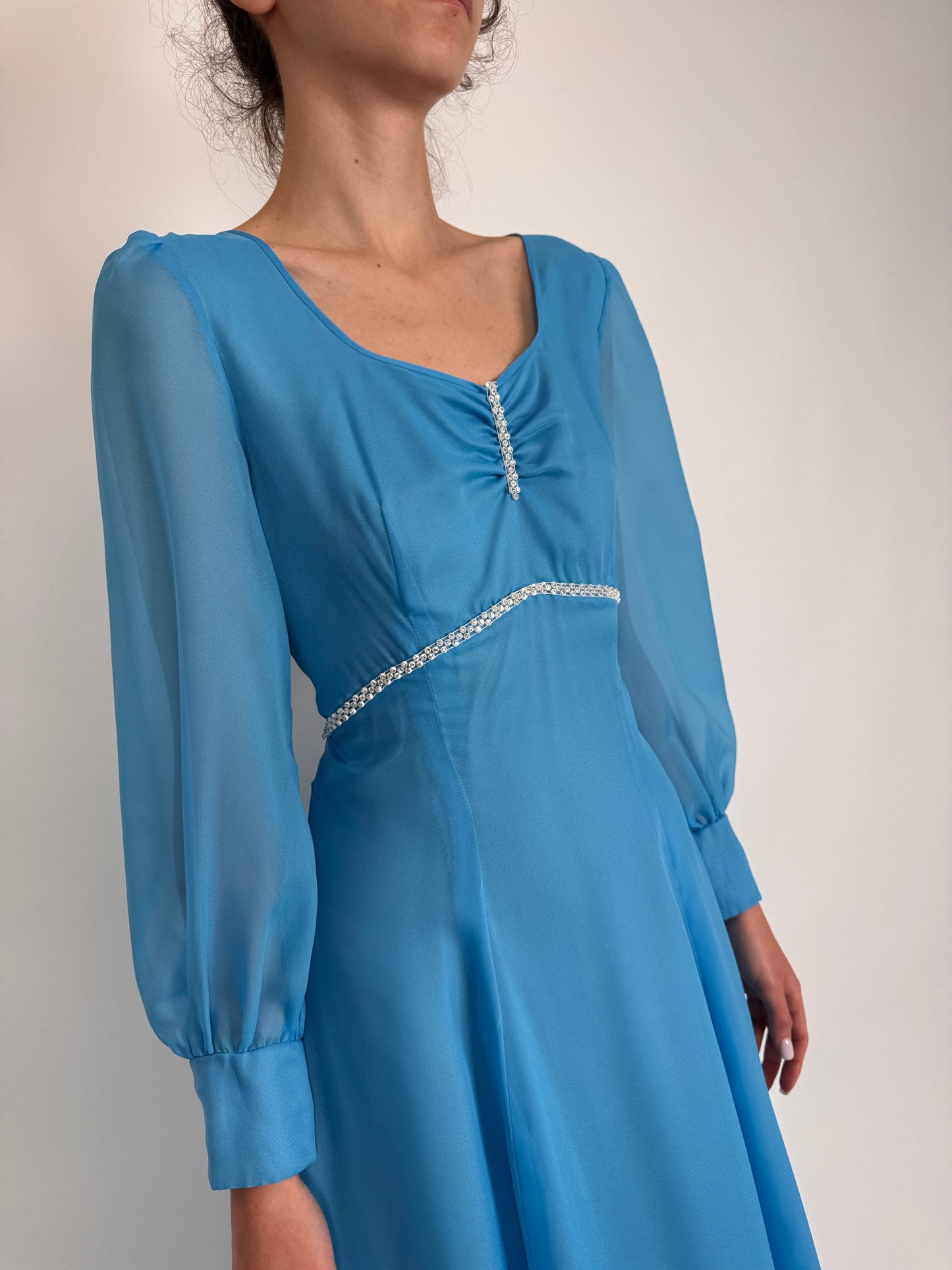 Rochie vintage albastru ciel cu talie ultra înaltă Empire