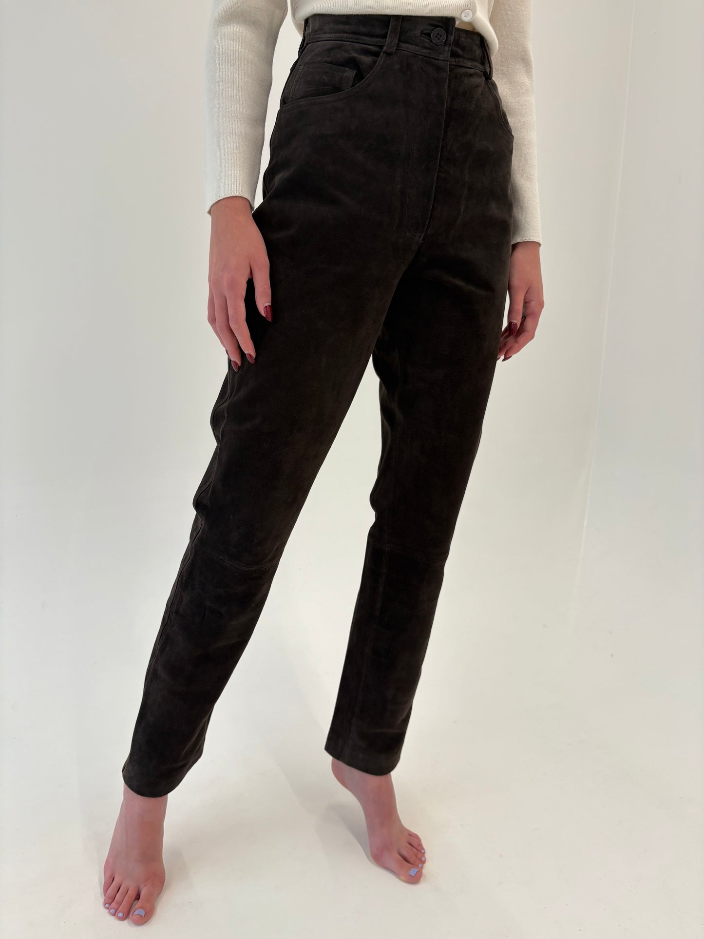 Pantaloni tall din piele naturală dark chocolate brown