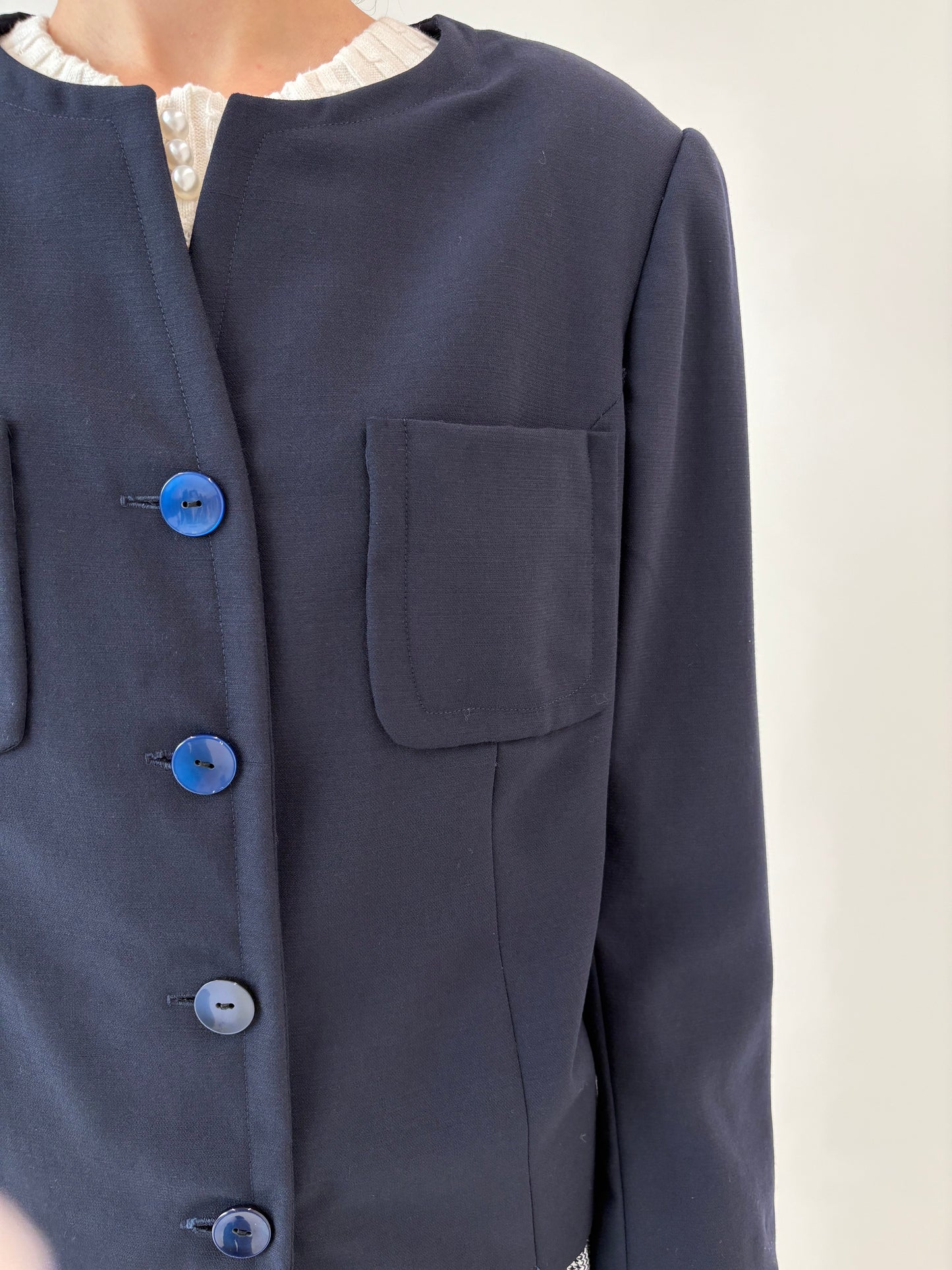 Sacou vintage petite Navy în stil Chanel din lana extrafina