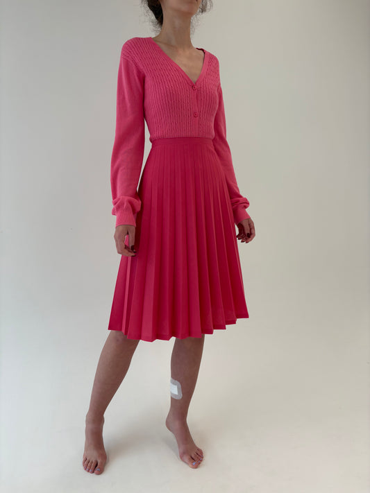 Fustă vintage plisată Barbie pink din stofita din mix de lana extrafina