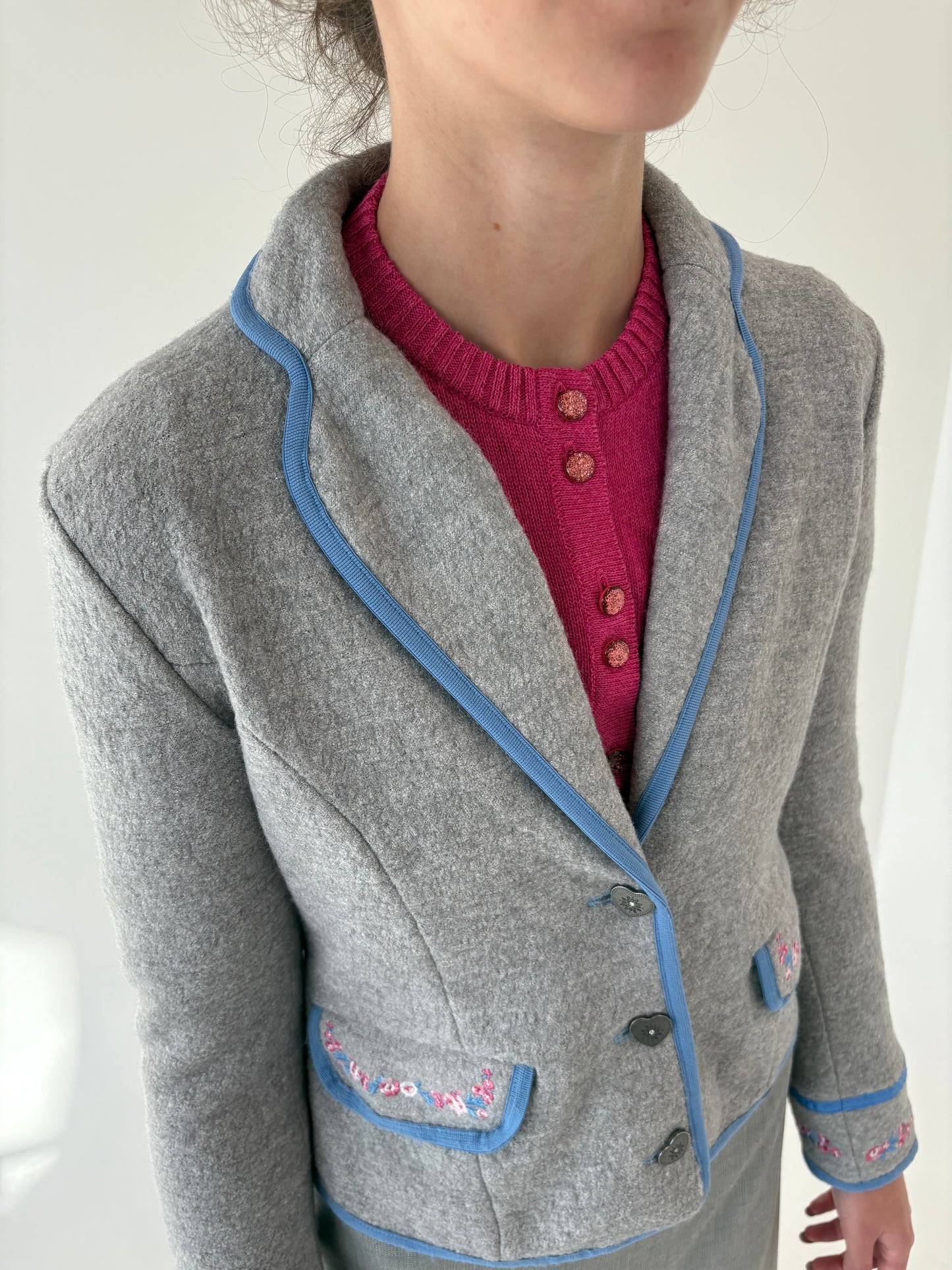 Sacou vintage cambrat și inserții baby Blue și powder pink din lana extrafina