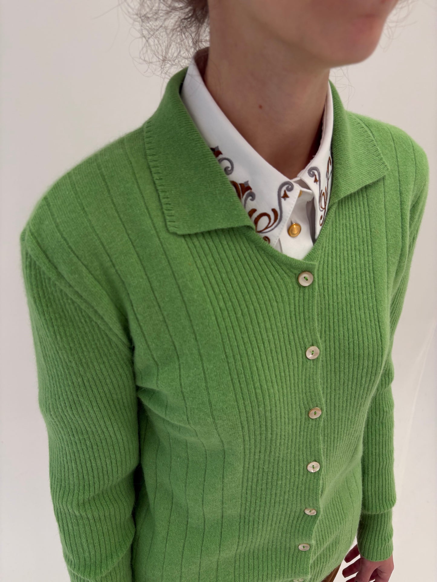 Cardigan polo italian super premium verde crud din lana cu Angora