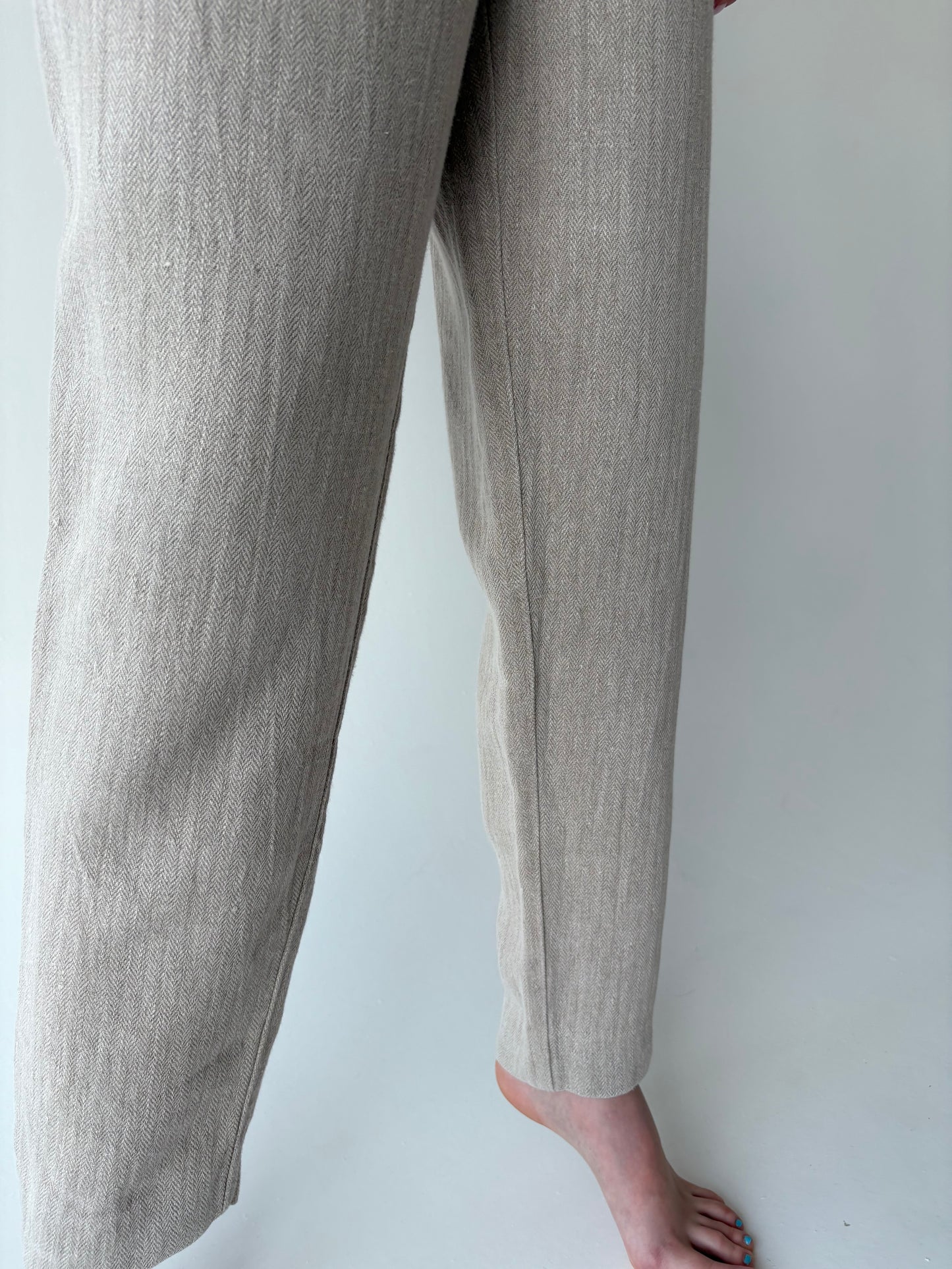 Pantaloni vintage tall din pânză grea de in cu talie ultra înaltă