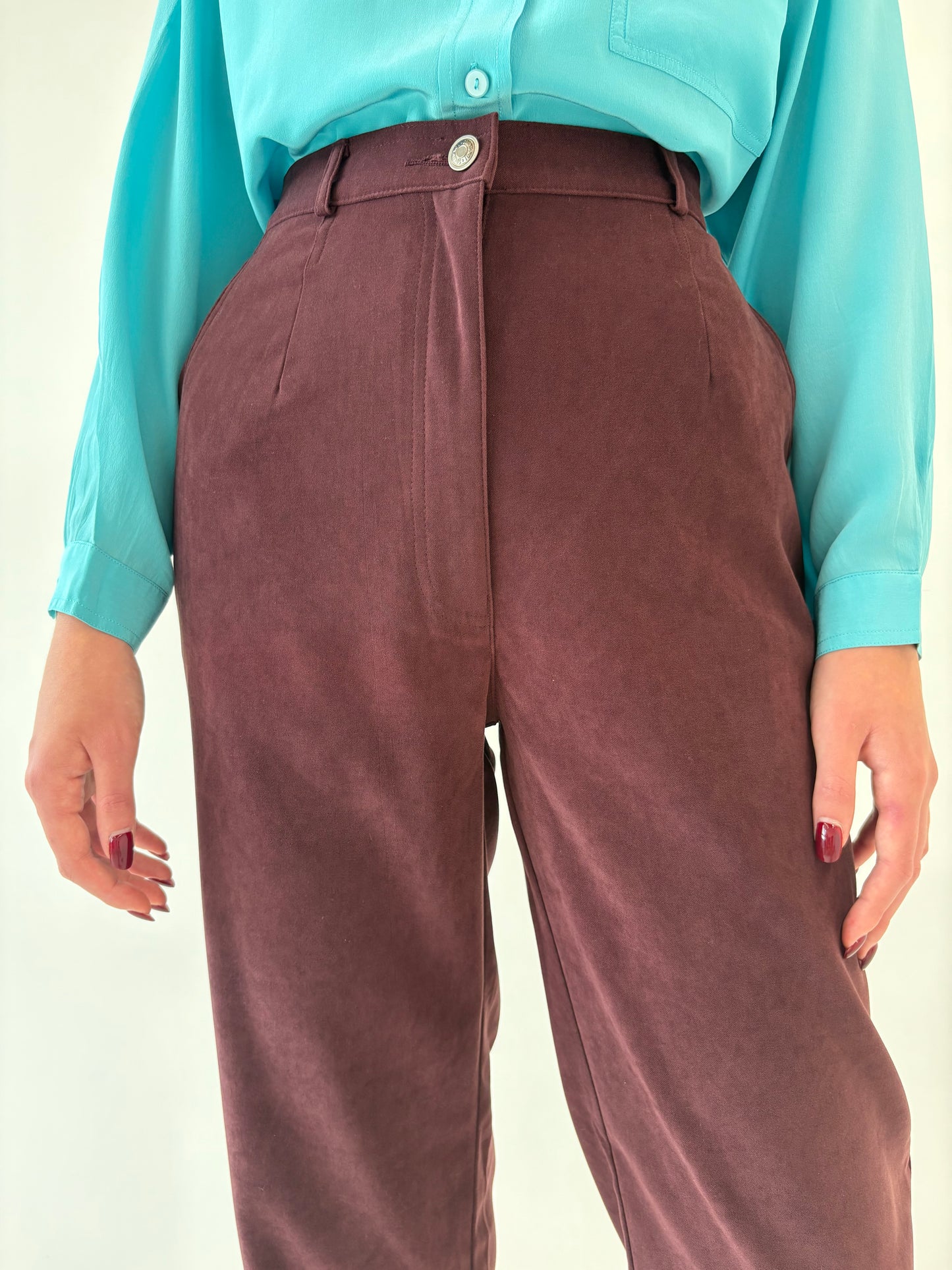 Pantaloni țigaretă deep burgundy cu talie ultra înaltă mom fit tall