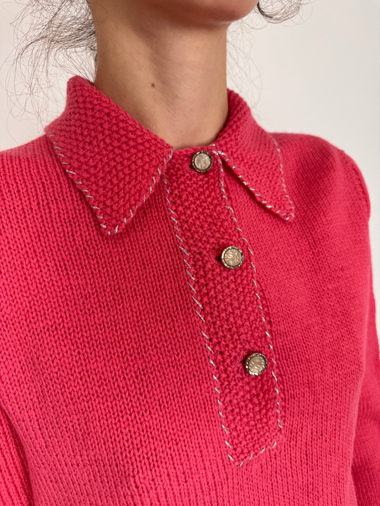 Pulover vintage polo din lana plină texturată rose Pink
