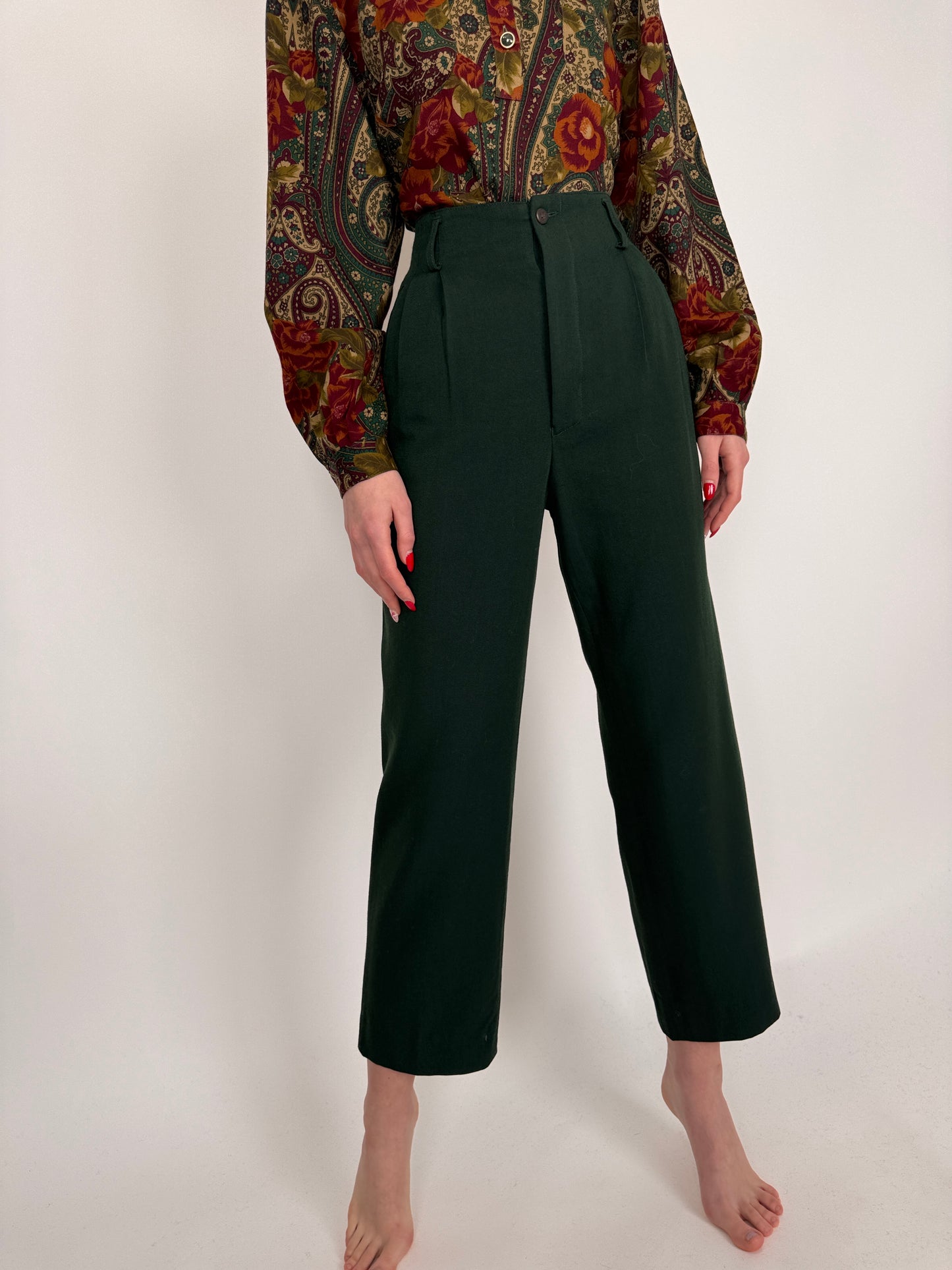 Pantaloni dark green din lana extrafina cu talie ultra înaltă