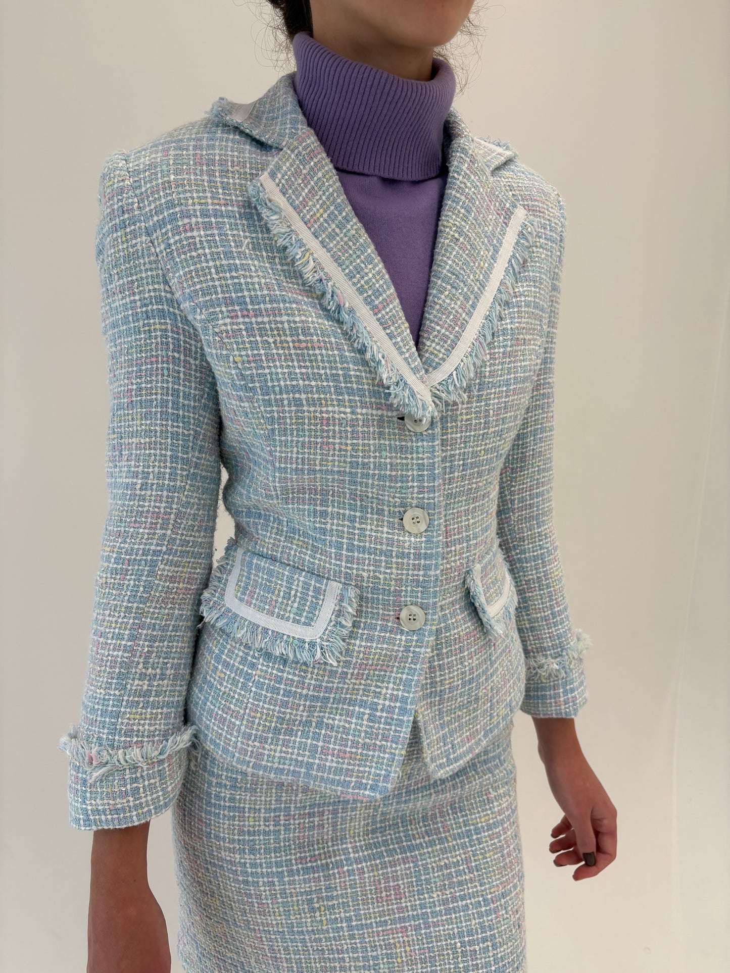 Deux piece baby blue în stil Chanel din tweed
